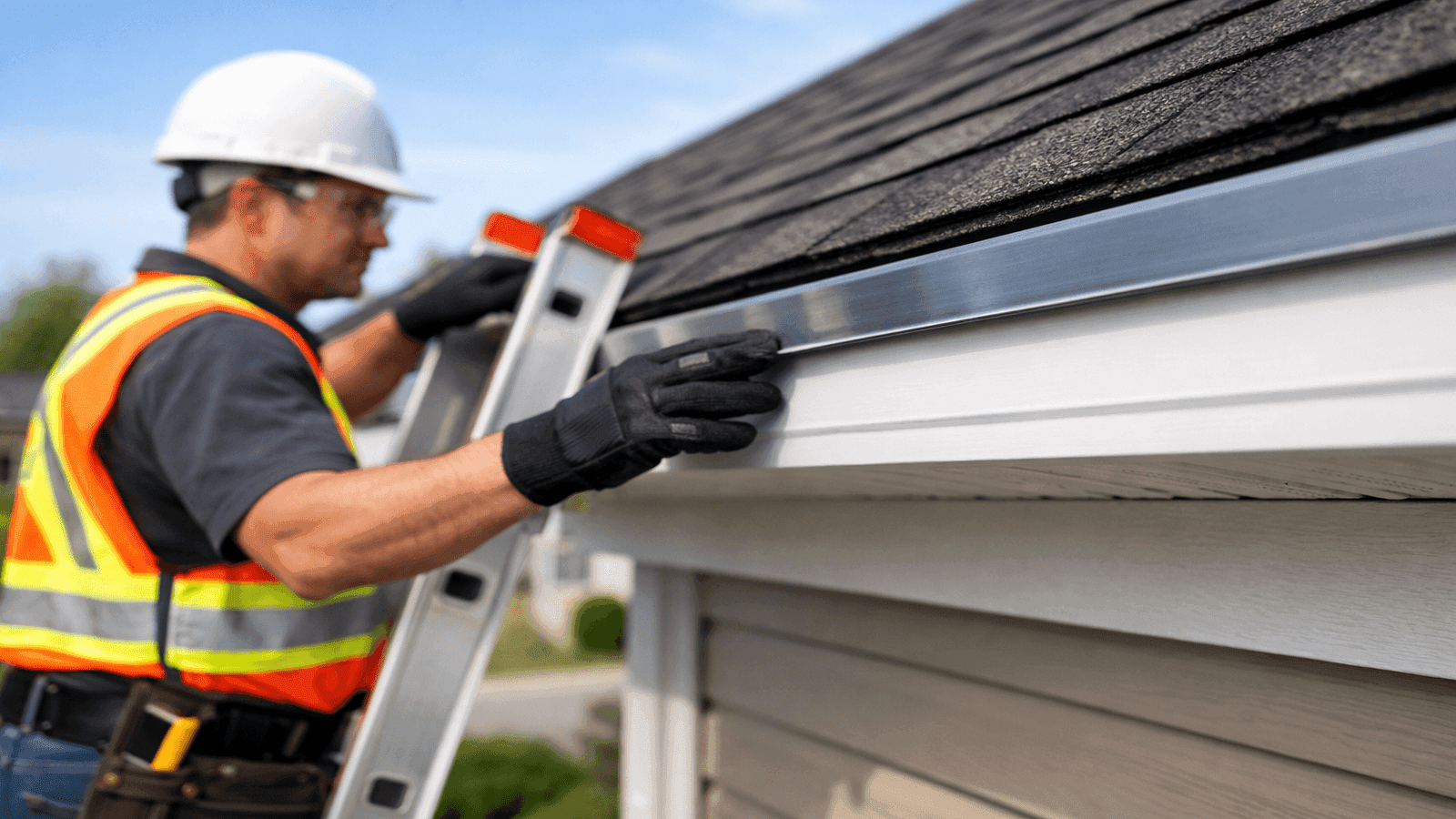 Homeowner on extension ladder inspecting drip edge flashing at roof eave