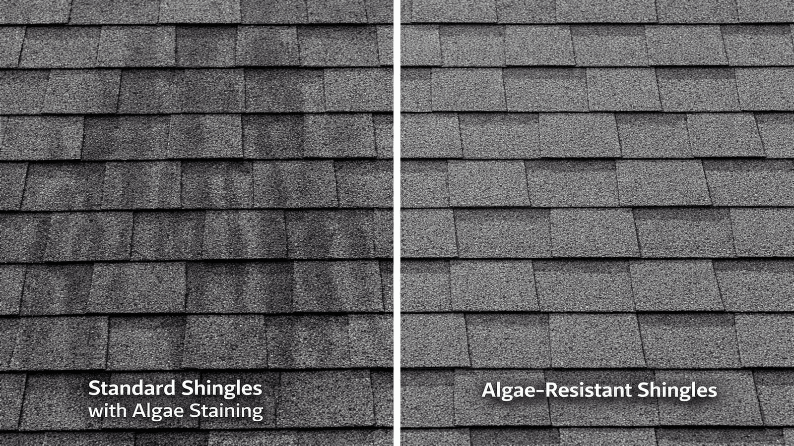 Side-by-side comparison showing a standard asphalt shingle section with algae streaking versus an algae-resistant shingle section on the same roof age