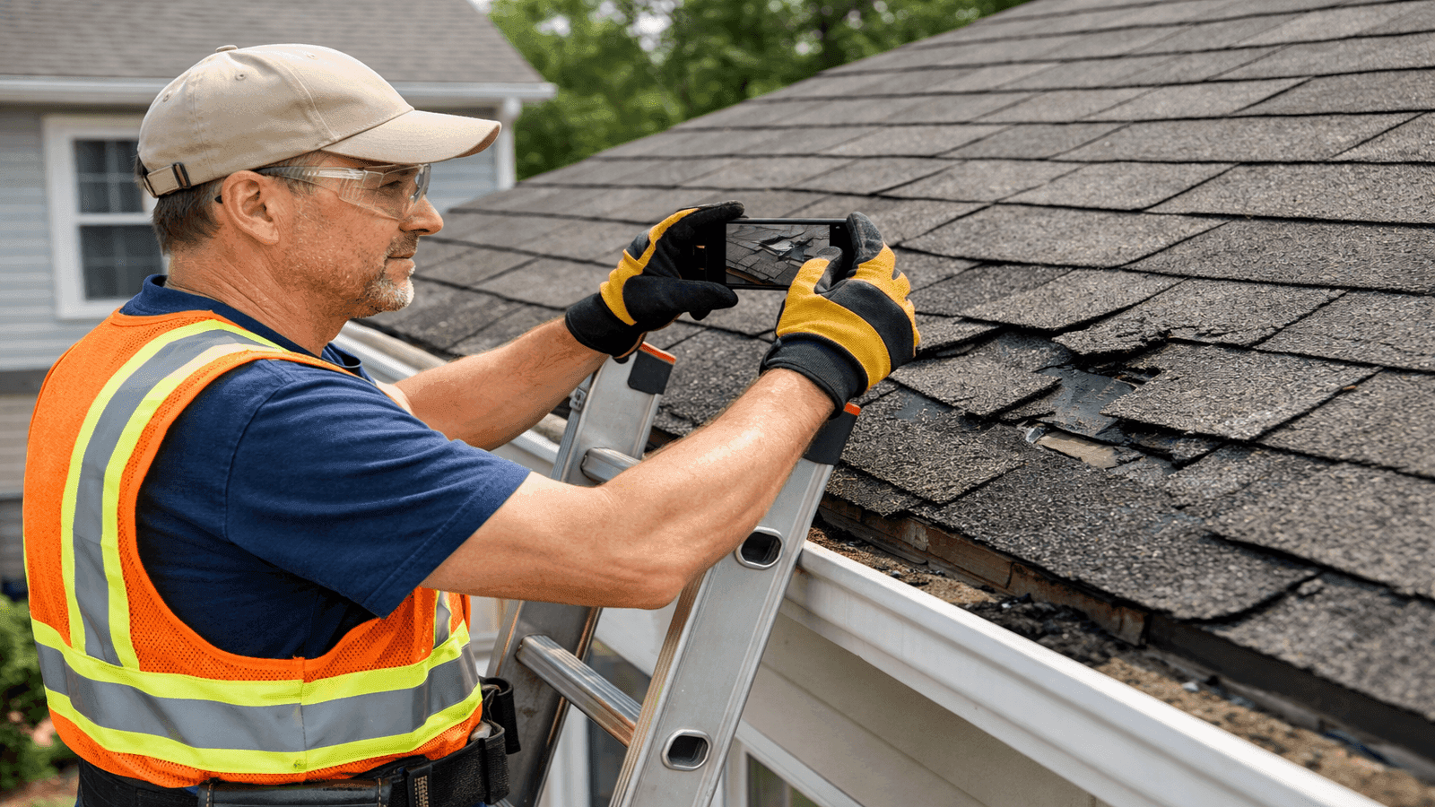 Homeowner using a smartphone to photograph roof storm damage from a ladder for an insurance claim documentation