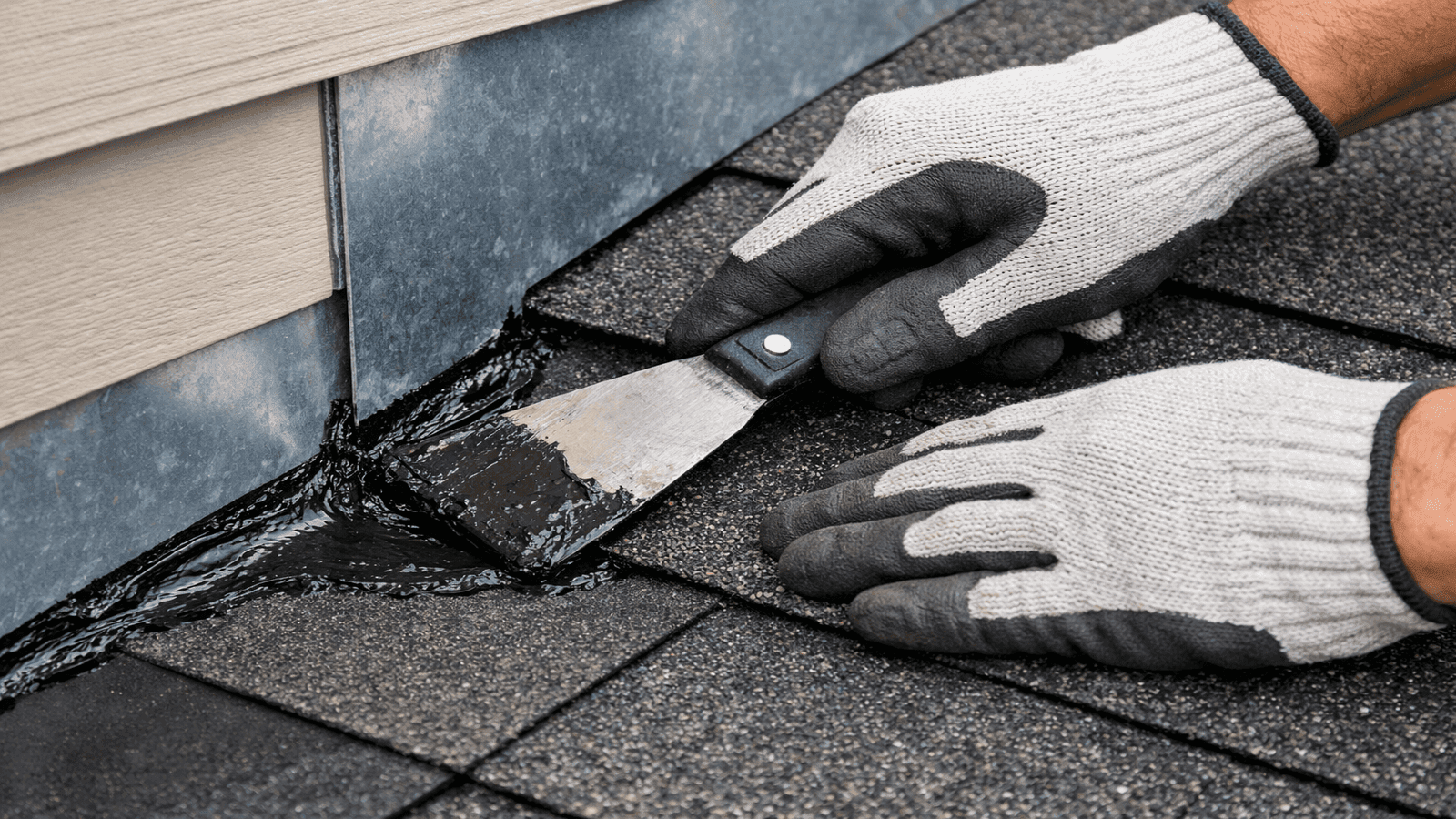Roofer applying roofing cement to step flashing joint with a putty knife