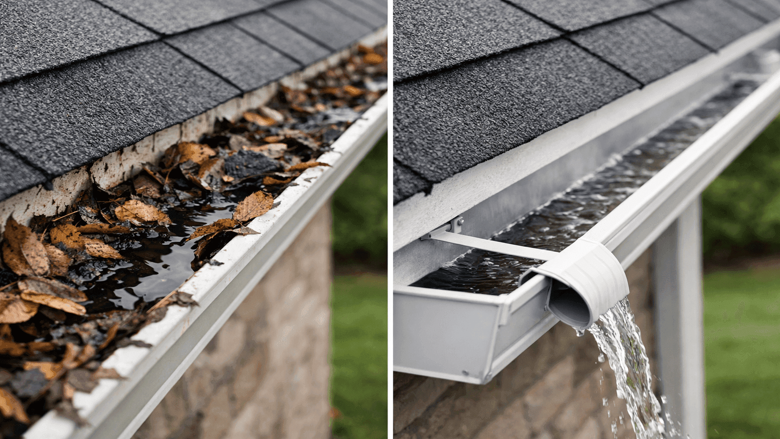 Side-by-side comparison of a gutter packed with leaves and debris on the left versus a clean properly draining gutter on the right after professional cleaning