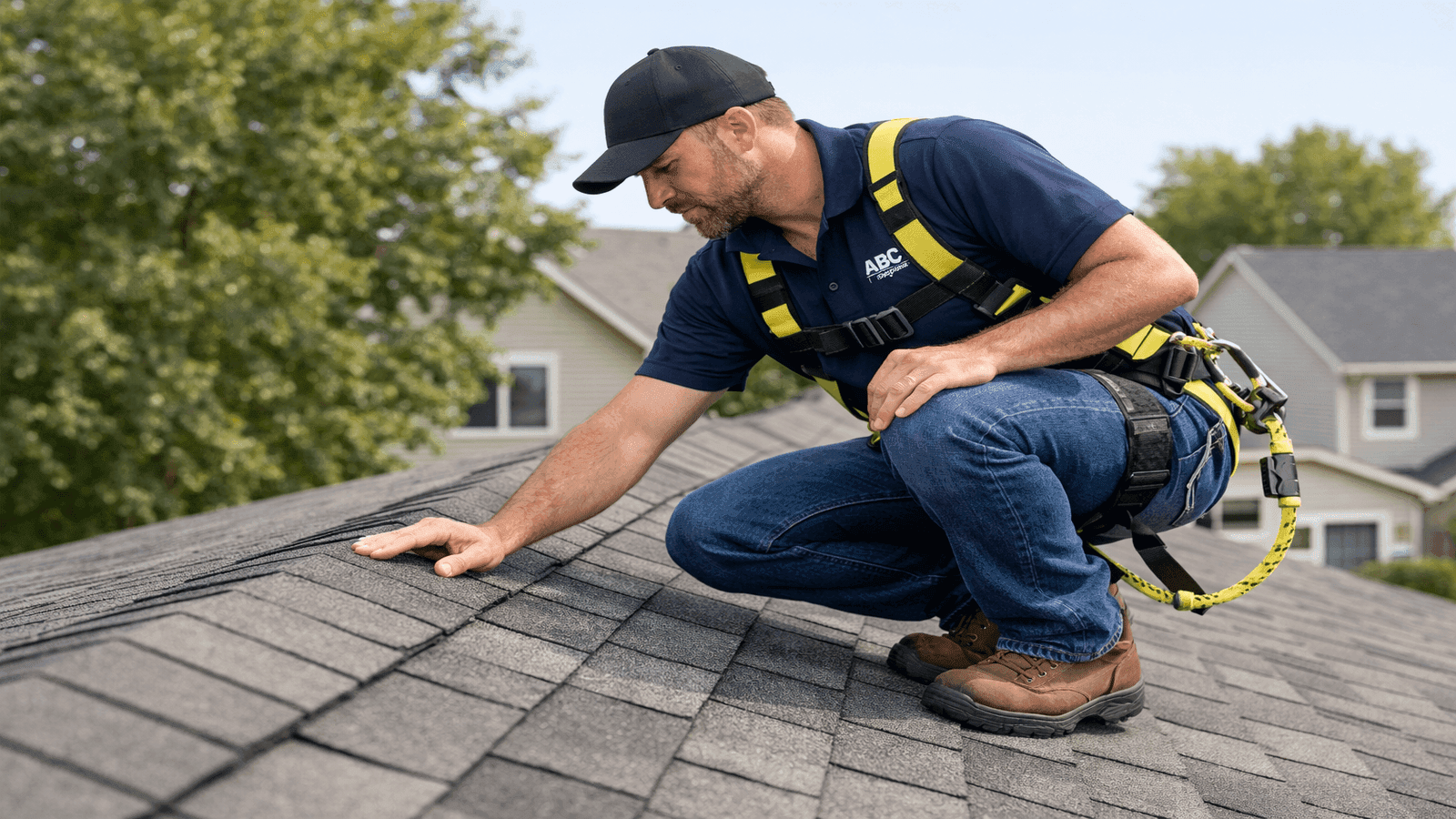 A licensed roofing professional inspecting a low-pitch asphalt shingle roof, checking along the ridge line for early moss or algae growth during a preventive maintenance visit