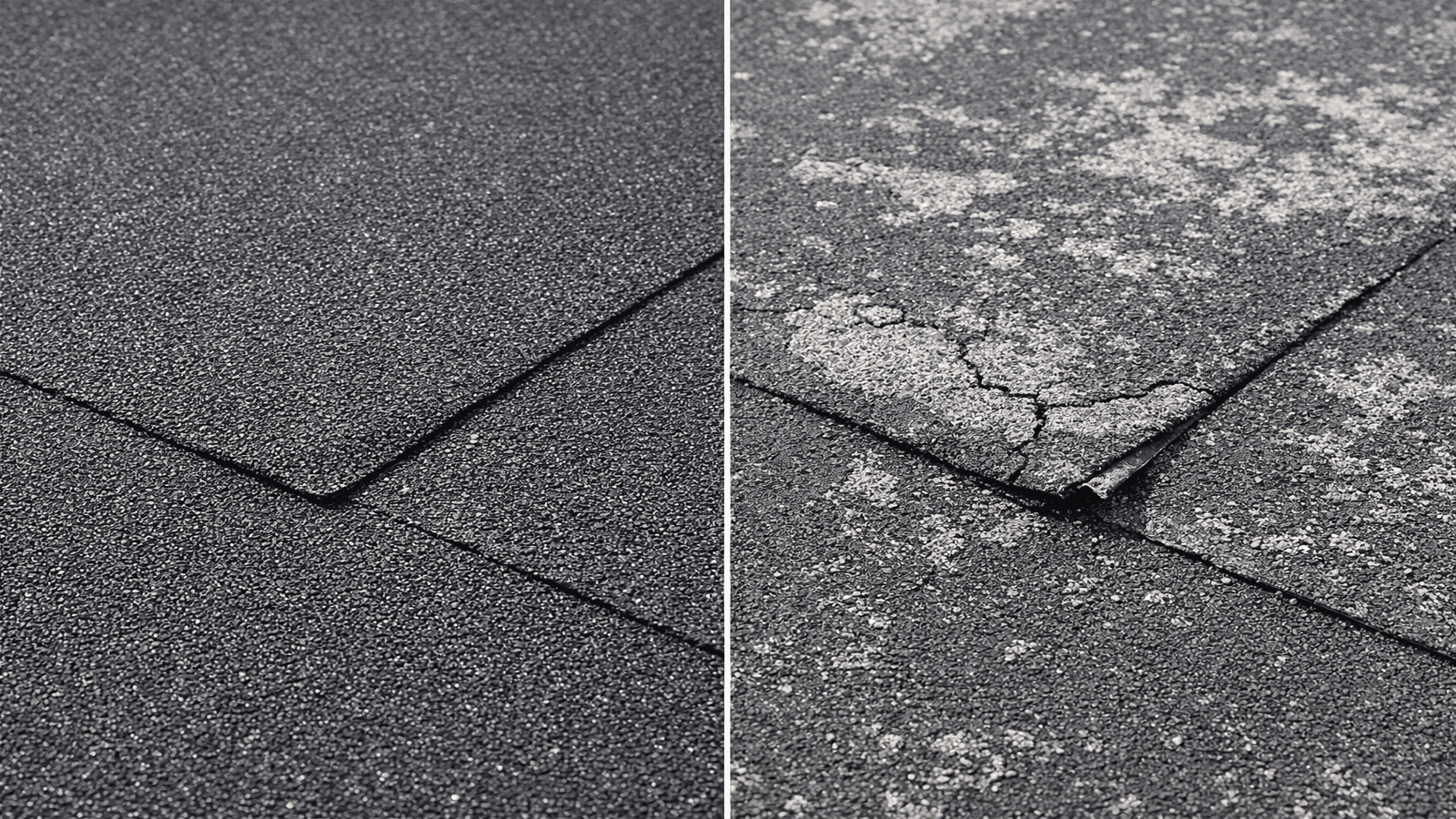 Side-by-side comparison of a well-maintained modified bitumen roof with full granule coverage versus a weathered section showing granule loss and surface cracking