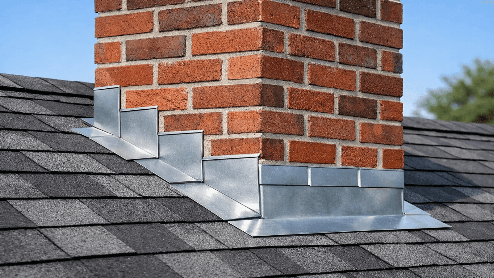 Properly installed chimney flashing with step flashing and counter flashing on residential asphalt shingle roof