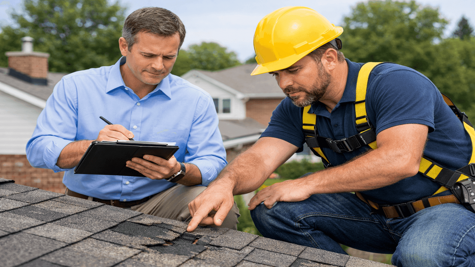 Insurance adjuster and roofing contractor together on a residential roof examining storm damage during an insurance claim inspection