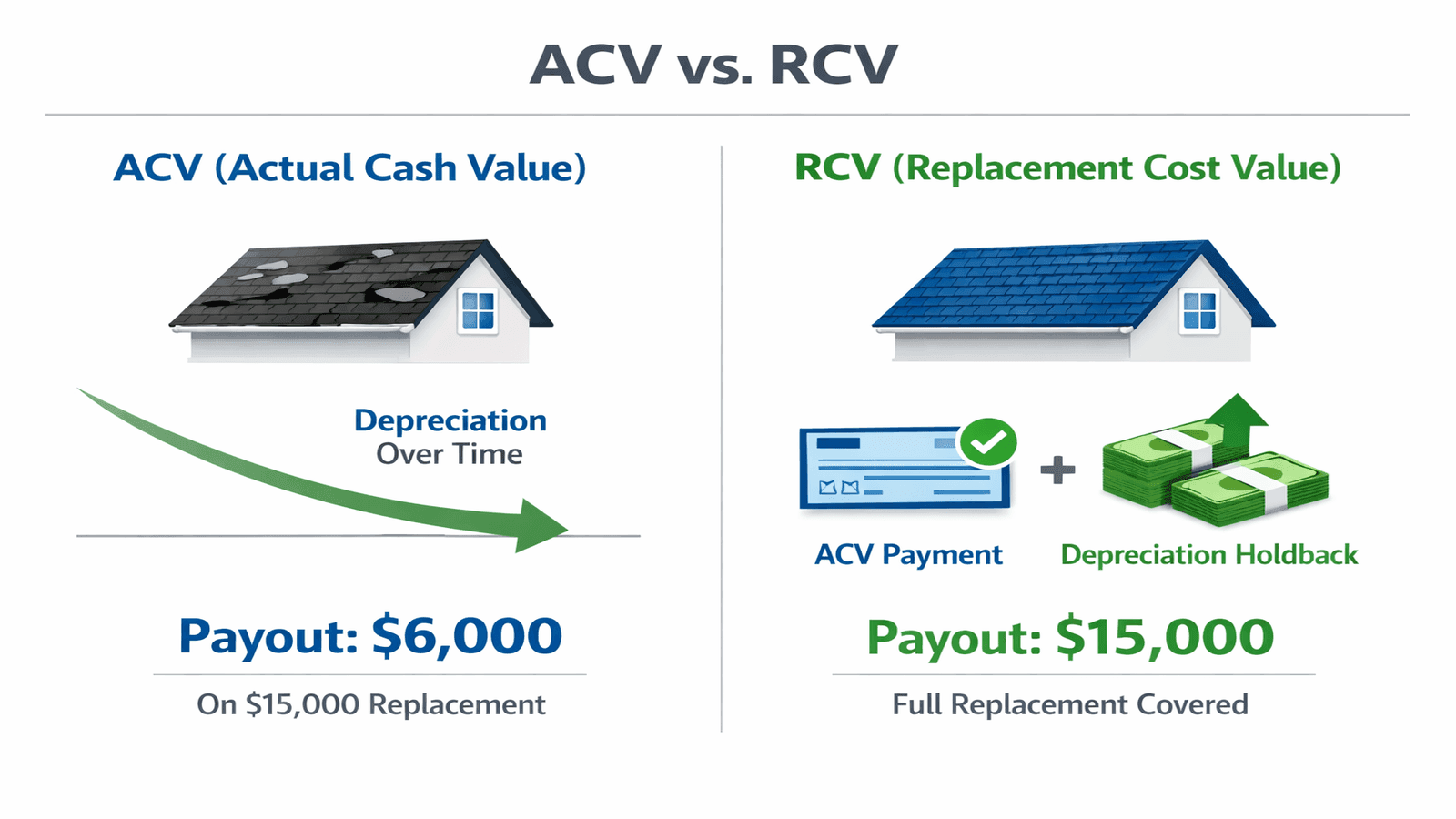 Infographic comparing ACV actual cash value versus RCV replacement cost value insurance payout structures for roof storm damage claims