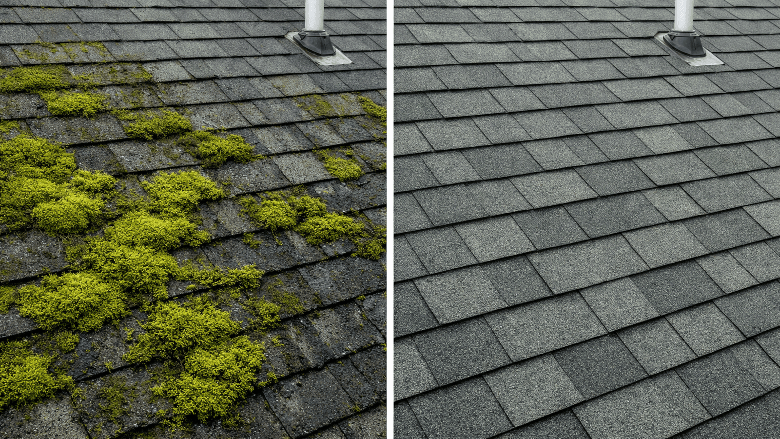 Comparison of a residential roof section with heavy moss and algae growth on the left versus a clean well-maintained asphalt shingle roof on the right