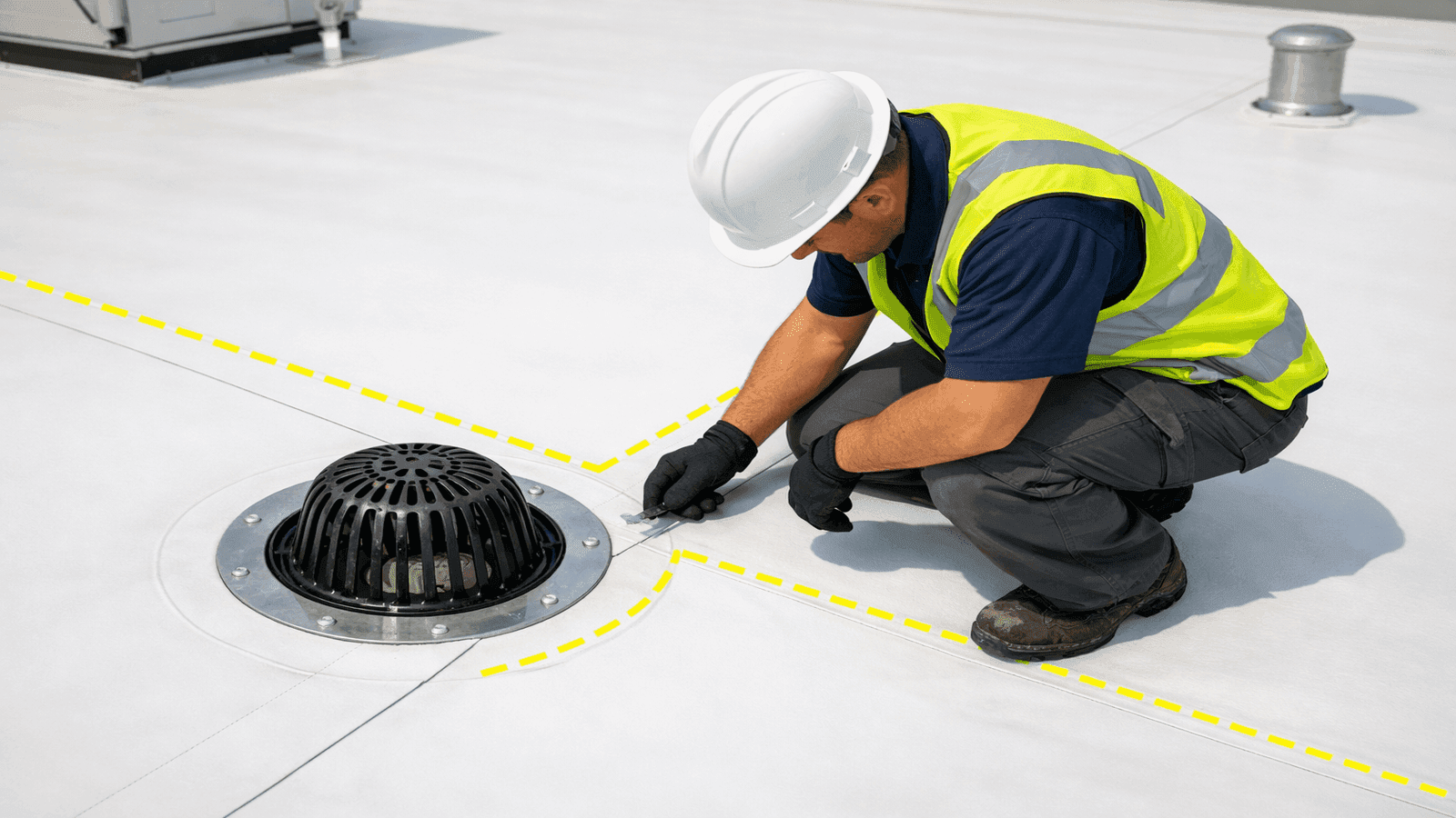 Overhead view of a white TPO flat roof with a roofing professional inspecting a seam near a roof drain during a scheduled maintenance inspection