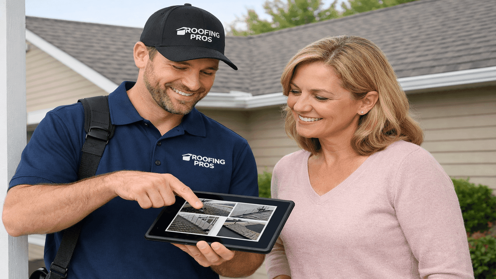 A licensed roofing contractor shows a homeowner inspection photos on a tablet during a professional roof maintenance consultation at a suburban home