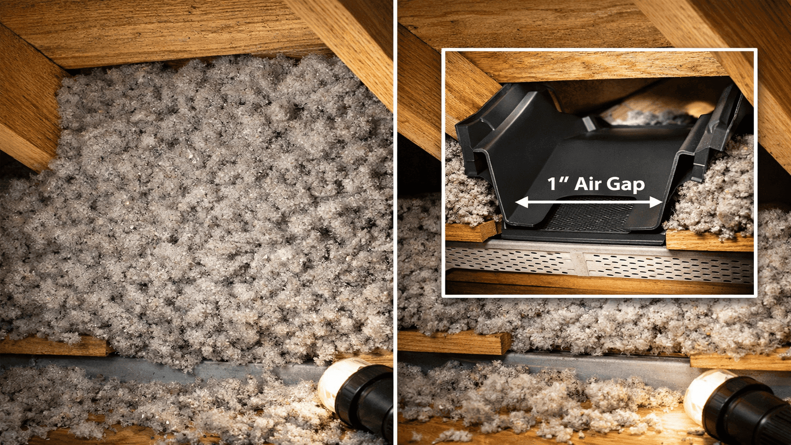 Side-by-side attic view showing a soffit vent completely blocked by blown-in insulation on the left and a properly installed rafter baffle maintaining a clear airflow channel on the right.