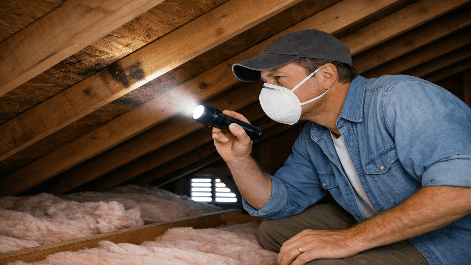 Homeowner in a residential attic using a flashlight to inspect the underside of the roof deck and rafters, looking for signs of moisture staining and ventilation problems.