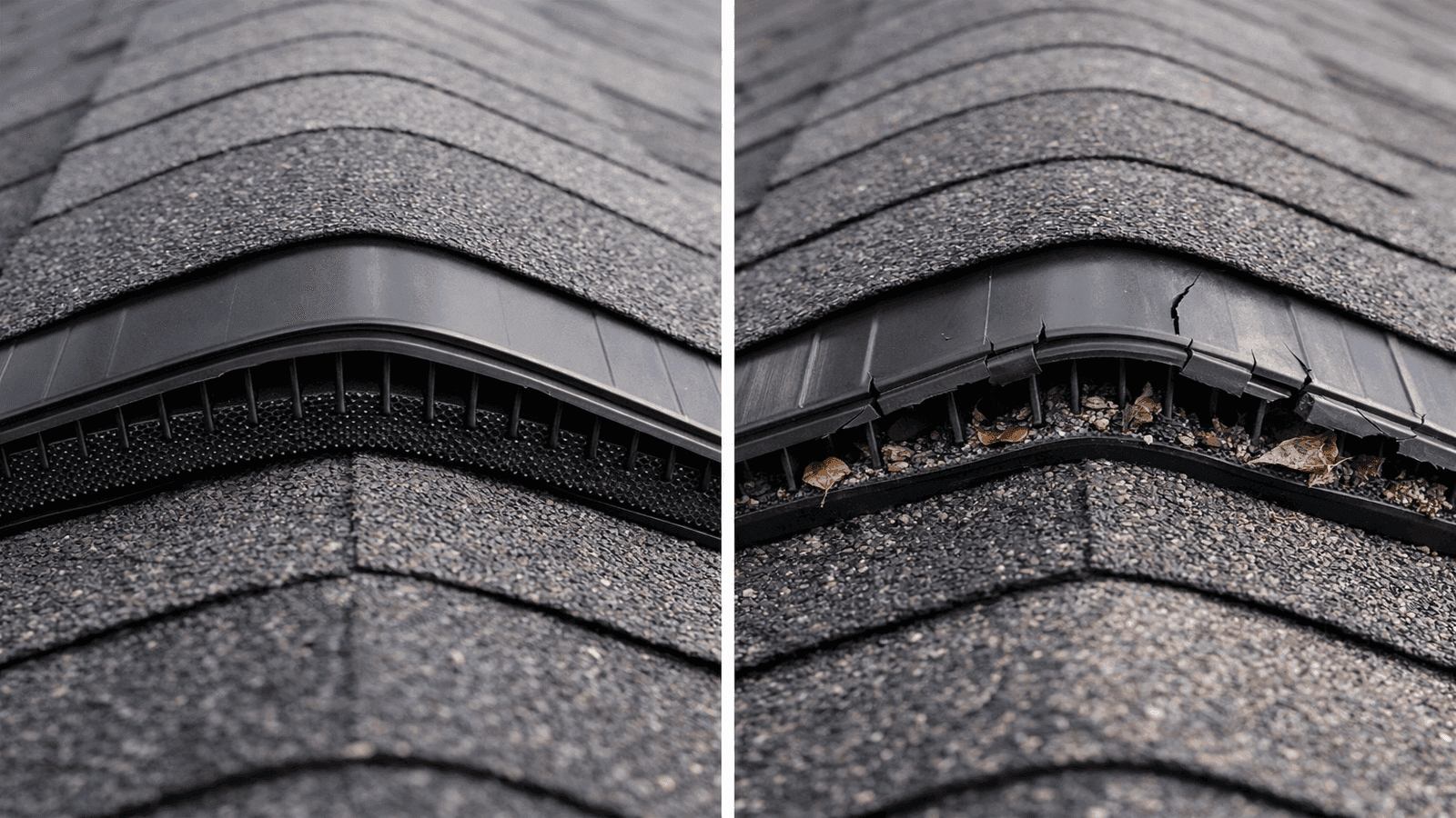 Side-by-side comparison of a clean, fully functional ridge vent with intact weather-filter baffle on the left versus a damaged ridge vent with cracked baffle and debris accumulation on the right.