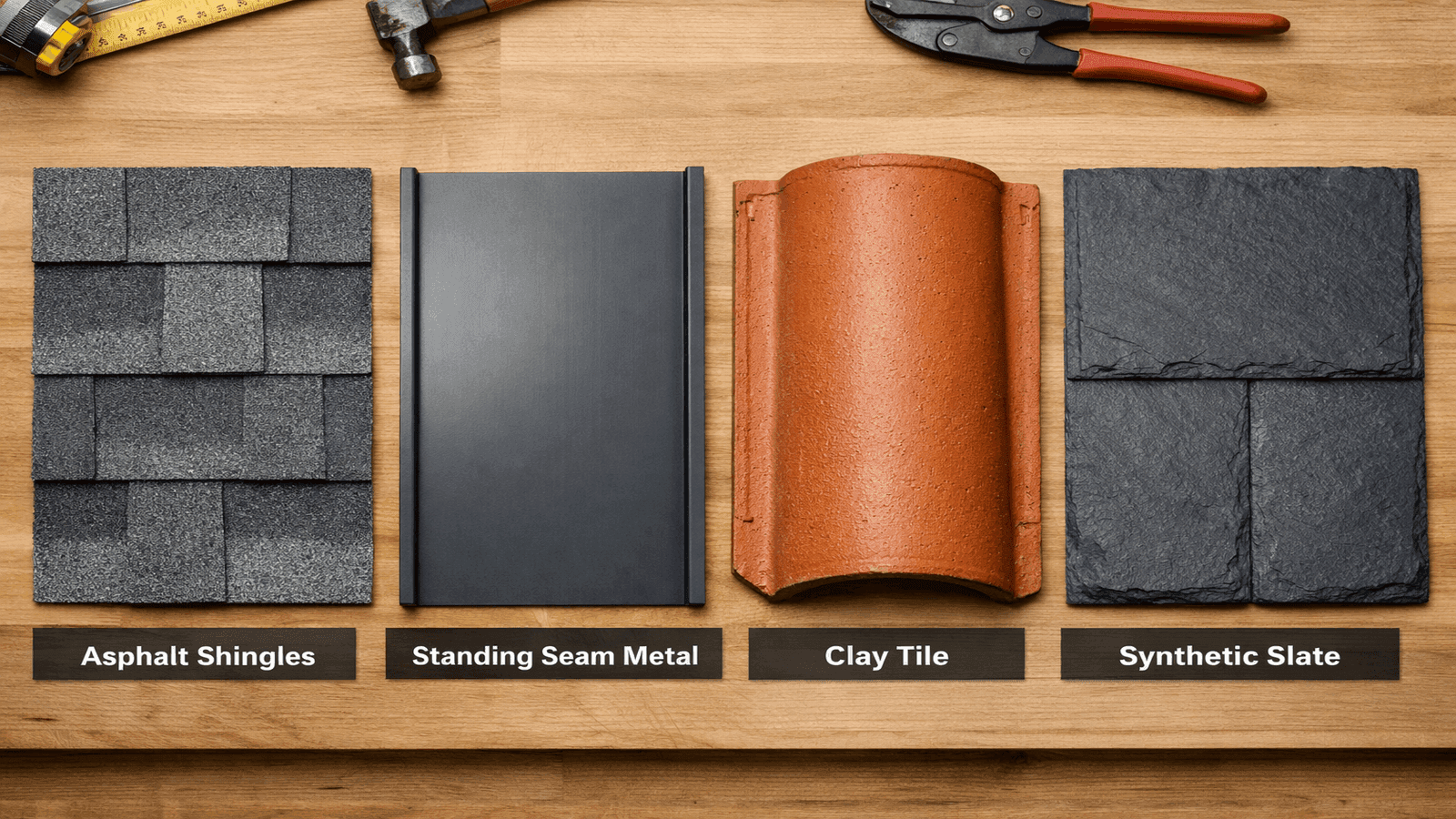 Side-by-side comparison of roofing material samples including asphalt shingles, metal panel, clay tile, and synthetic slate on a workbench