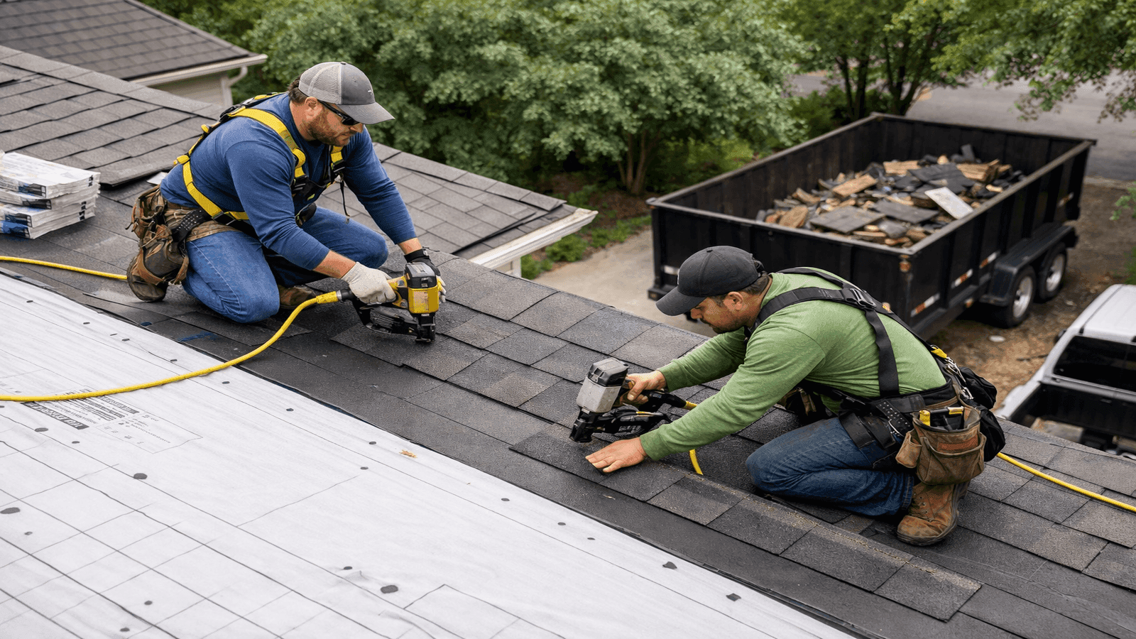Roofing crew installing architectural shingles on a residential home with underlayment visible on deck and debris trailer in driveway below
