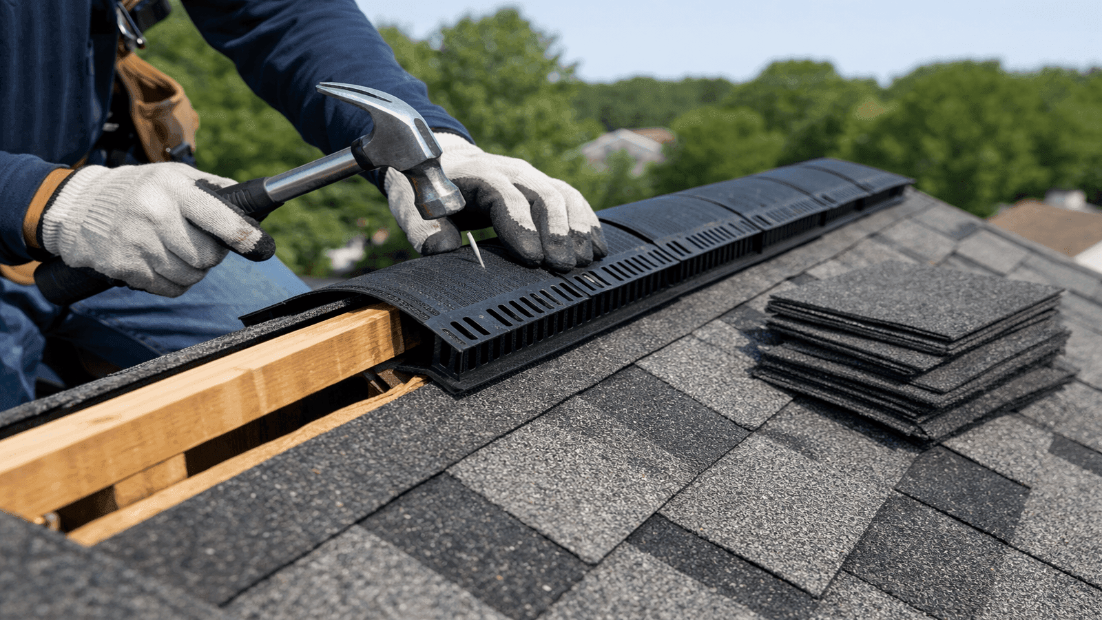 Ridge vent being installed on roof peak showing sheathing cutback slot and vent channel material being nailed before cap shingles are applied
