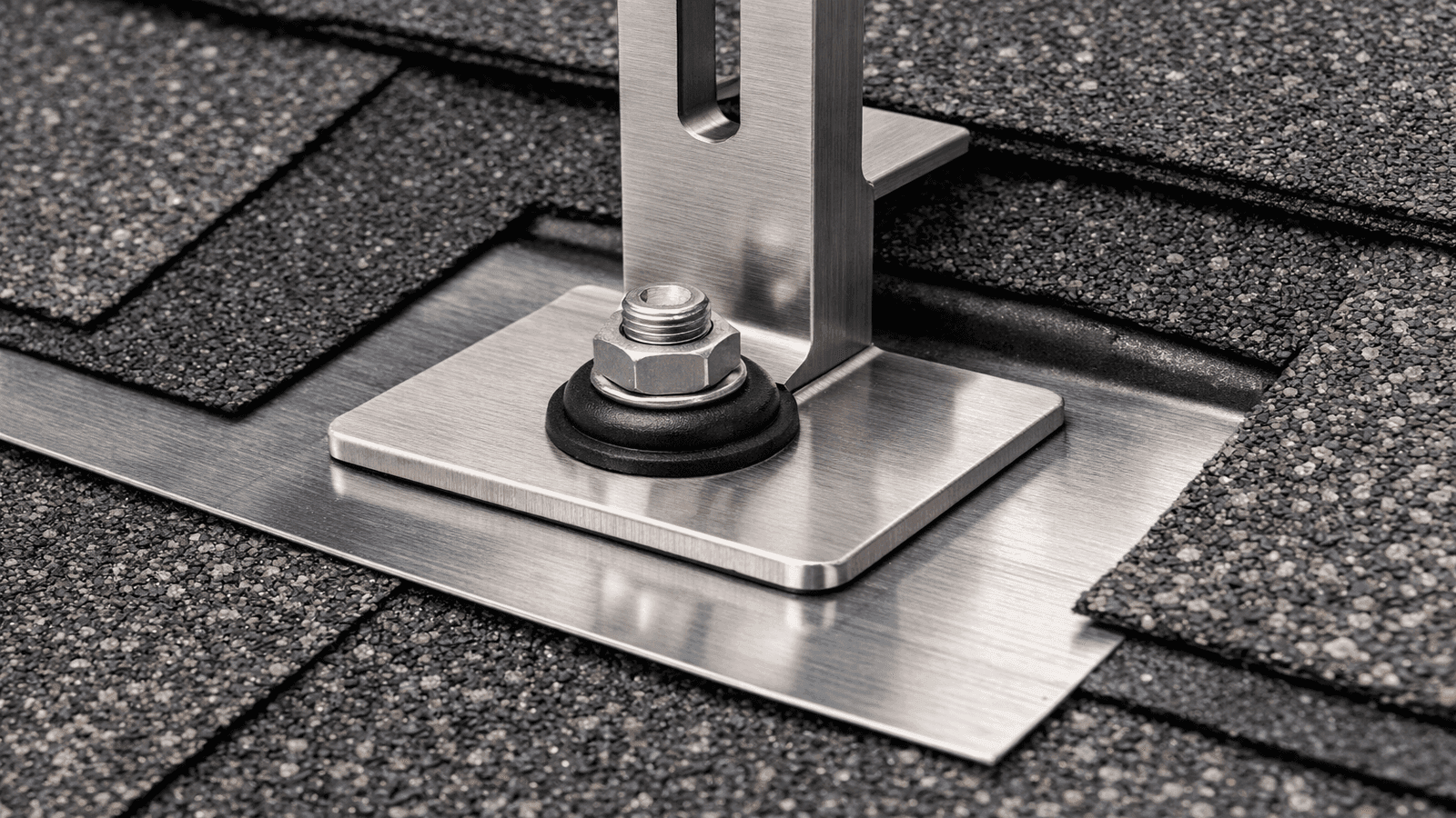 Solar panel L-foot mounting bracket with EPDM gasket seal and stainless lag bolt installed through asphalt shingles on a residential roof