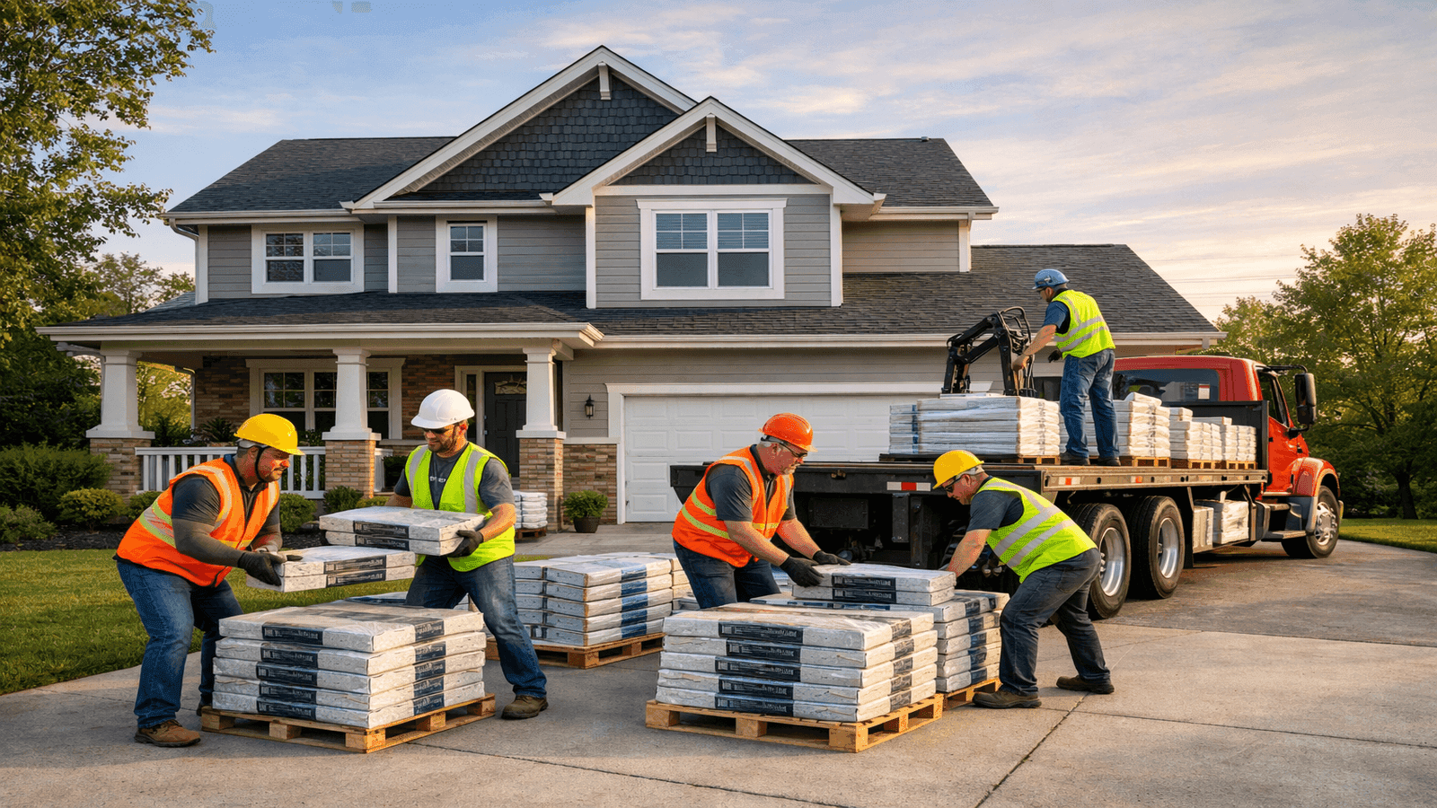 Roofing crew unloading asphalt shingle bundles from a delivery truck in front of a two-story home at the start of a new roof installation project
