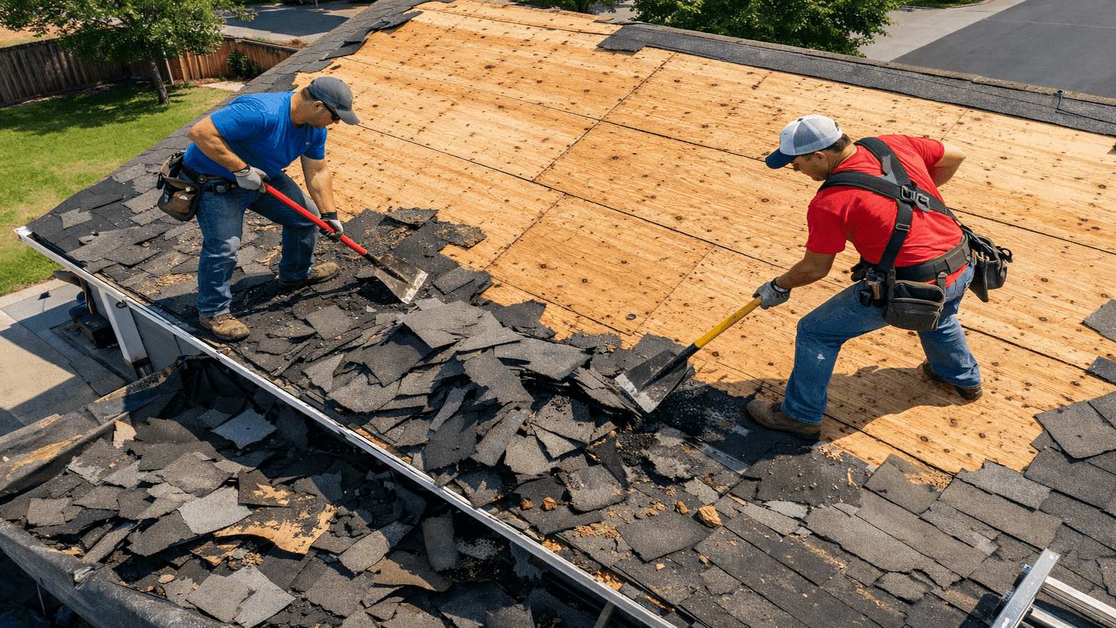 Roofing crew performing a full tear-off using roofing shovels, removing old asphalt shingles and exposing bare plywood roof decking