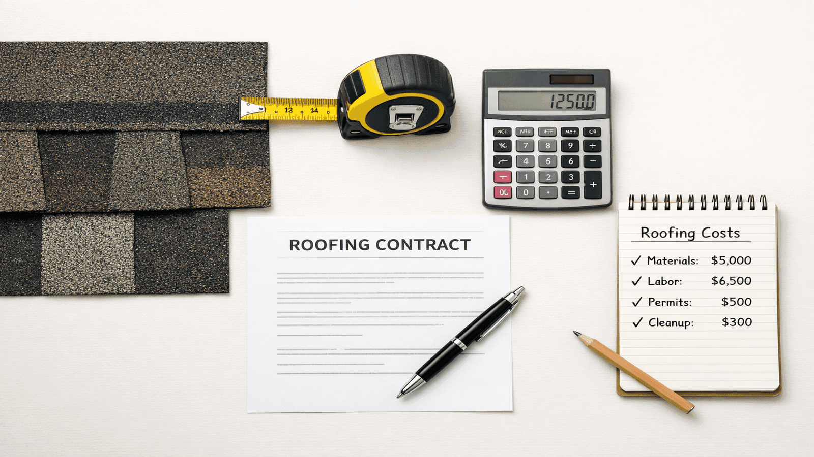 Flat-lay of roofing cost components including a shingle sample, calculator, contract document, and cost notes representing a residential roof replacement estimate