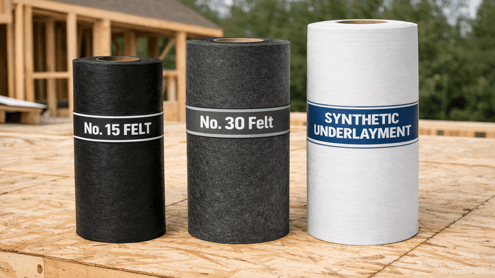 Three underlayment rolls side by side on a job site showing No. 15 felt, No. 30 felt, and synthetic underlayment with labels identifying each type.