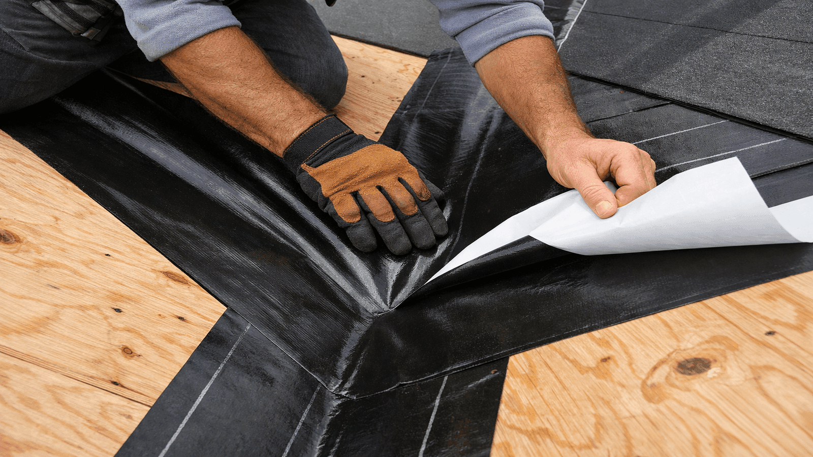 A roofer pressing self-adhering ice and water shield membrane into a roof valley, with the release liner being peeled back as the membrane is set into place.