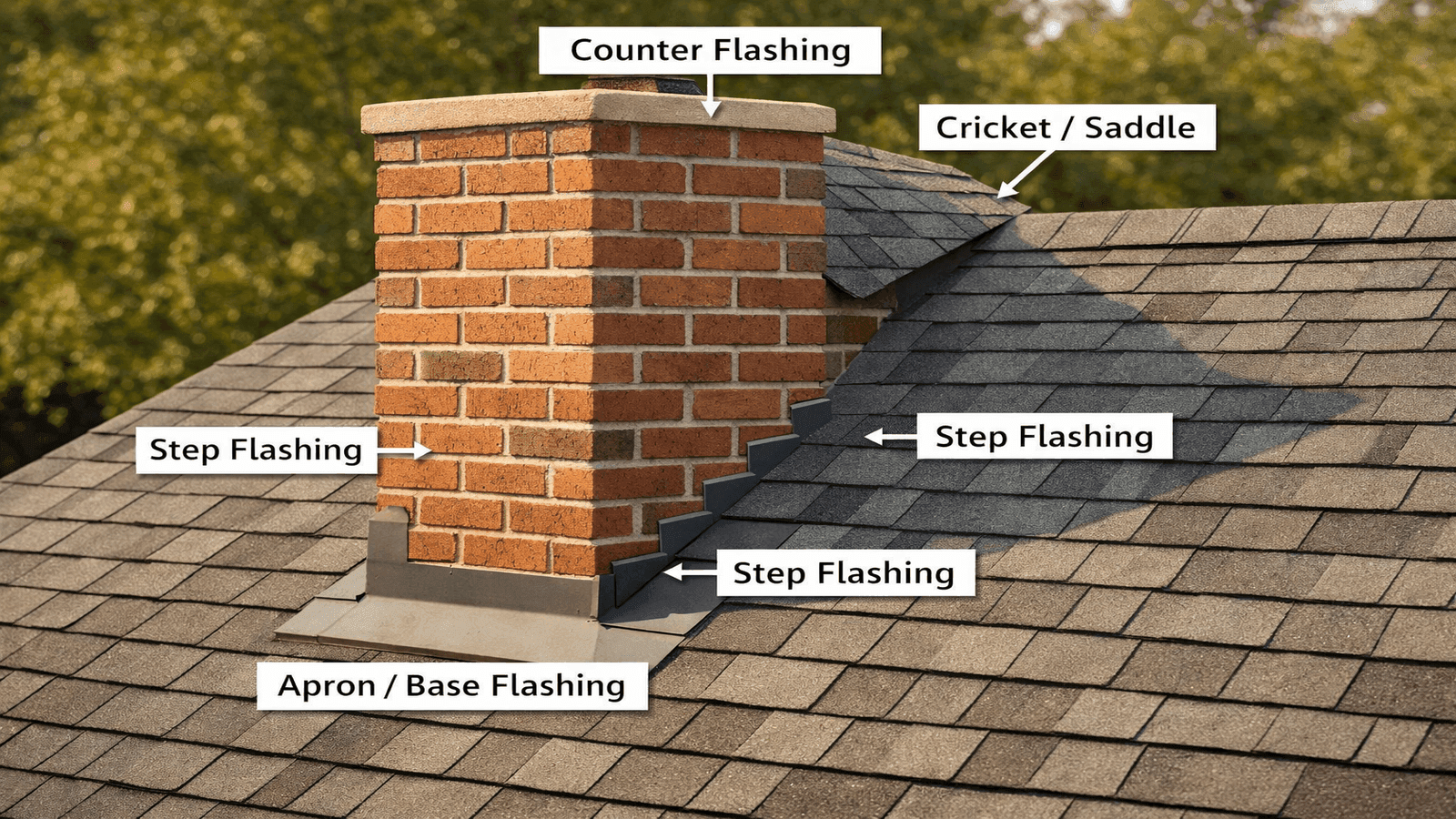 Diagram showing a brick chimney on a residential roof with all four flashing components: apron base flashing, step flashing, counter flashing, and cricket saddle