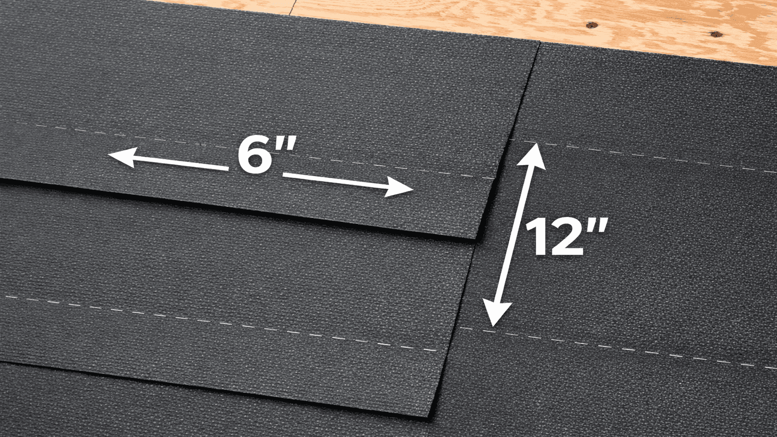 Diagram showing correct underlayment lap dimensions with 6-inch horizontal laps and 12-inch vertical end laps with arrows and measurements clearly labeled.