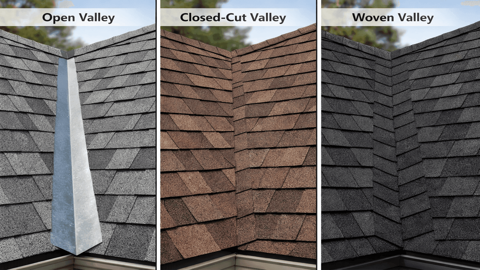 Three-panel comparison of roof valley installation methods: open valley with W-metal flashing exposed, closed-cut valley with straight-cut shingle line, and woven valley with interleaved shingles from both roof planes