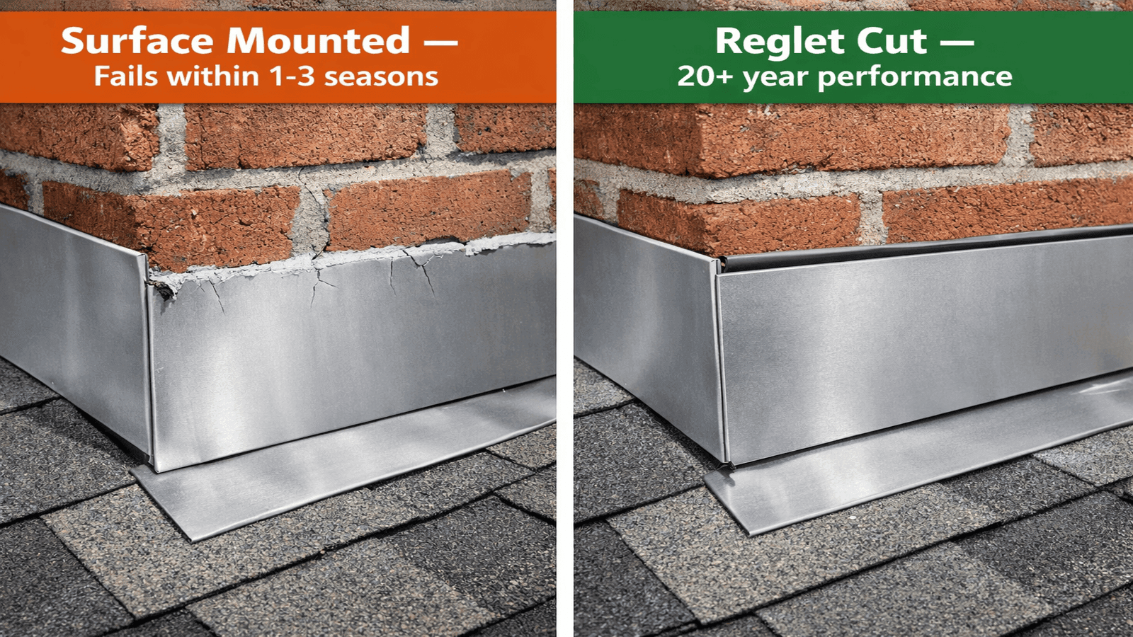 Split diagram comparing surface-mounted counter flashing sealed with caulk versus properly embedded counter flashing cut into a chimney mortar joint reglet