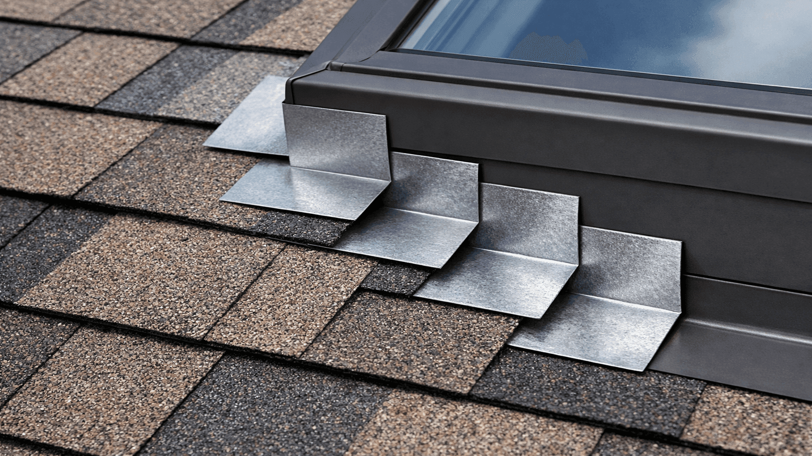 Close-up of step flashing pieces woven between shingle courses along the side of a skylight curb showing correct installation
