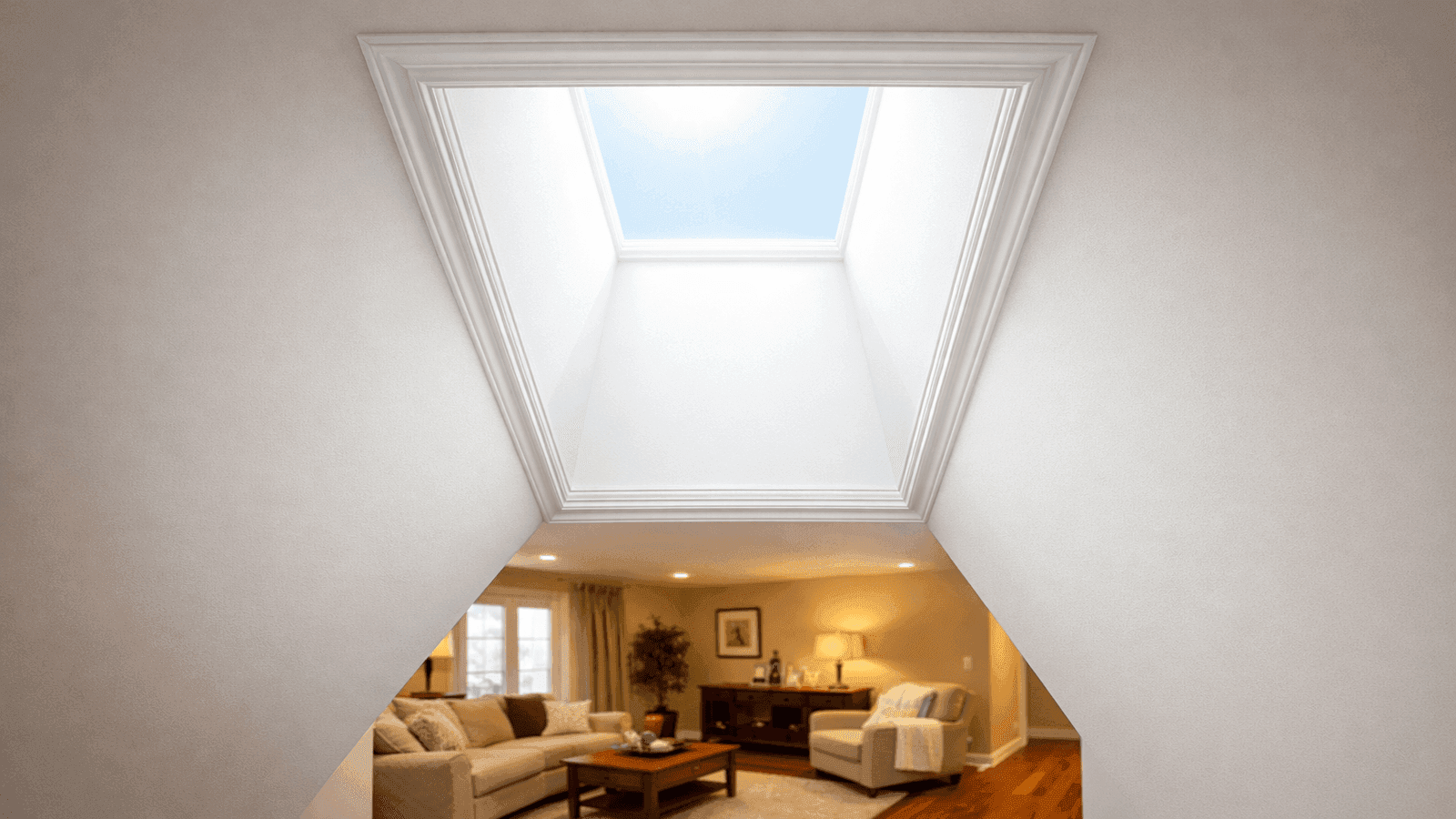 Interior view of a finished skylight light shaft with white splayed walls streaming daylight into a residential living room