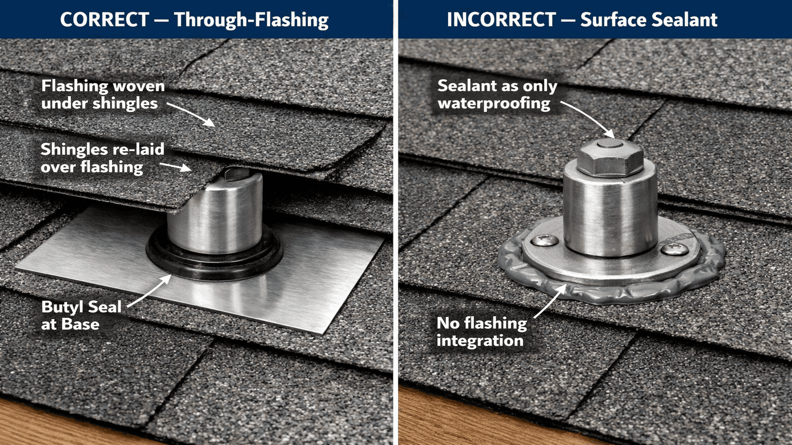 Side-by-side comparison showing correct solar mount through-flashing woven under the upper shingle course on the left versus incorrect surface sealant applied around an exposed lag bolt head on the right, with labeled callouts identifying each method.