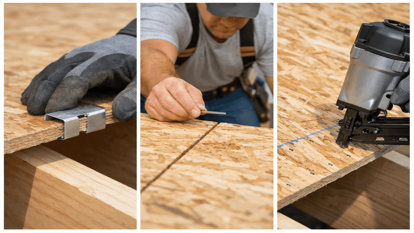 Three-panel installation sequence showing an H-clip being placed on an unsupported OSB panel edge, a nail being used to gauge the 1/8-inch expansion gap between panels, and a pneumatic nailer fastening the edge at 6-inch spacing.