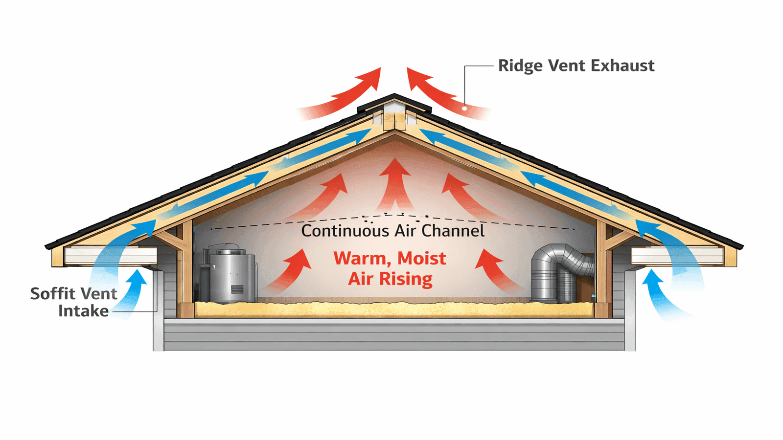 Diagram illustrating balanced ridge-and-soffit ventilation with cool air entering at soffit vents and hot air exiting at the ridge vent