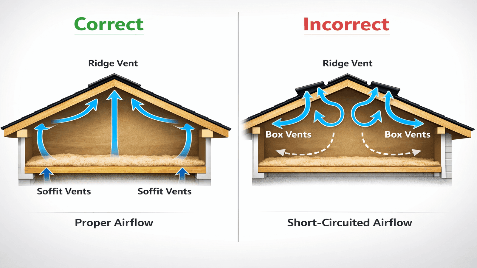 Side-by-side comparison of correct single-exhaust ridge vent system versus short-circuited mixed exhaust configuration with box vents