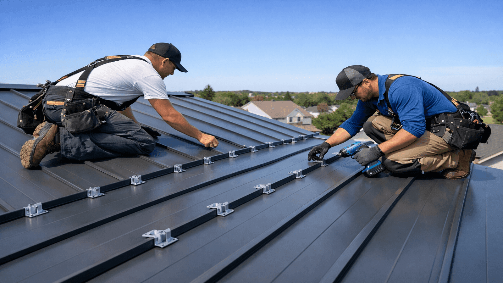 Two roofers installing standing seam metal panels on a residential roof with concealed clips visible between seams