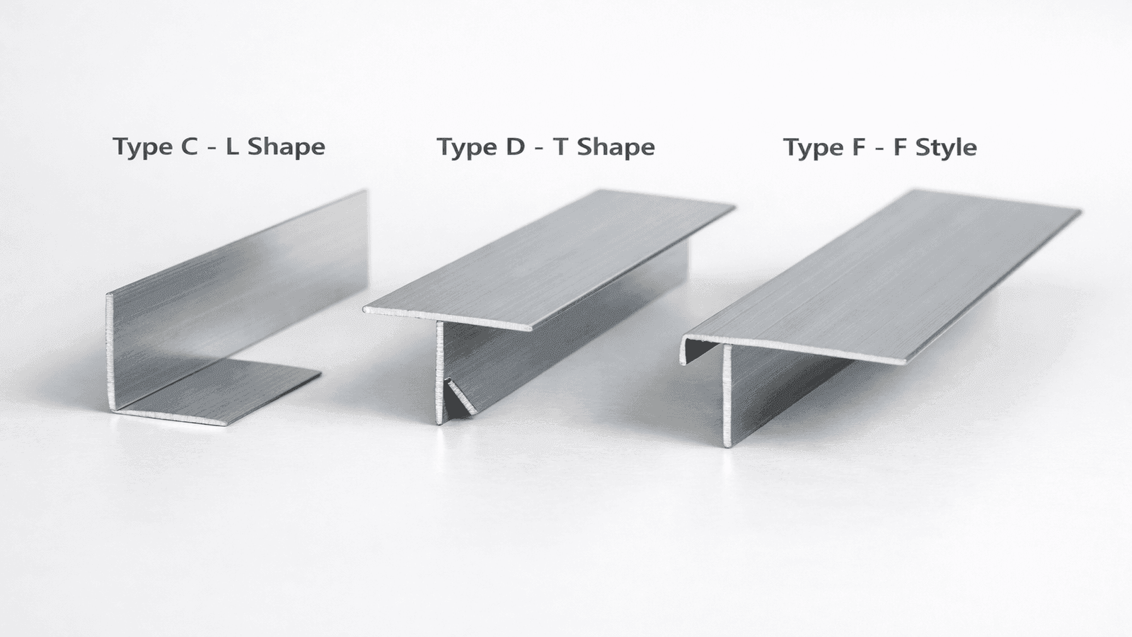 Side-by-side comparison of Type C L-style, Type D T-style, and Type F F-style drip edge profiles showing cross-section shapes and extended flanges