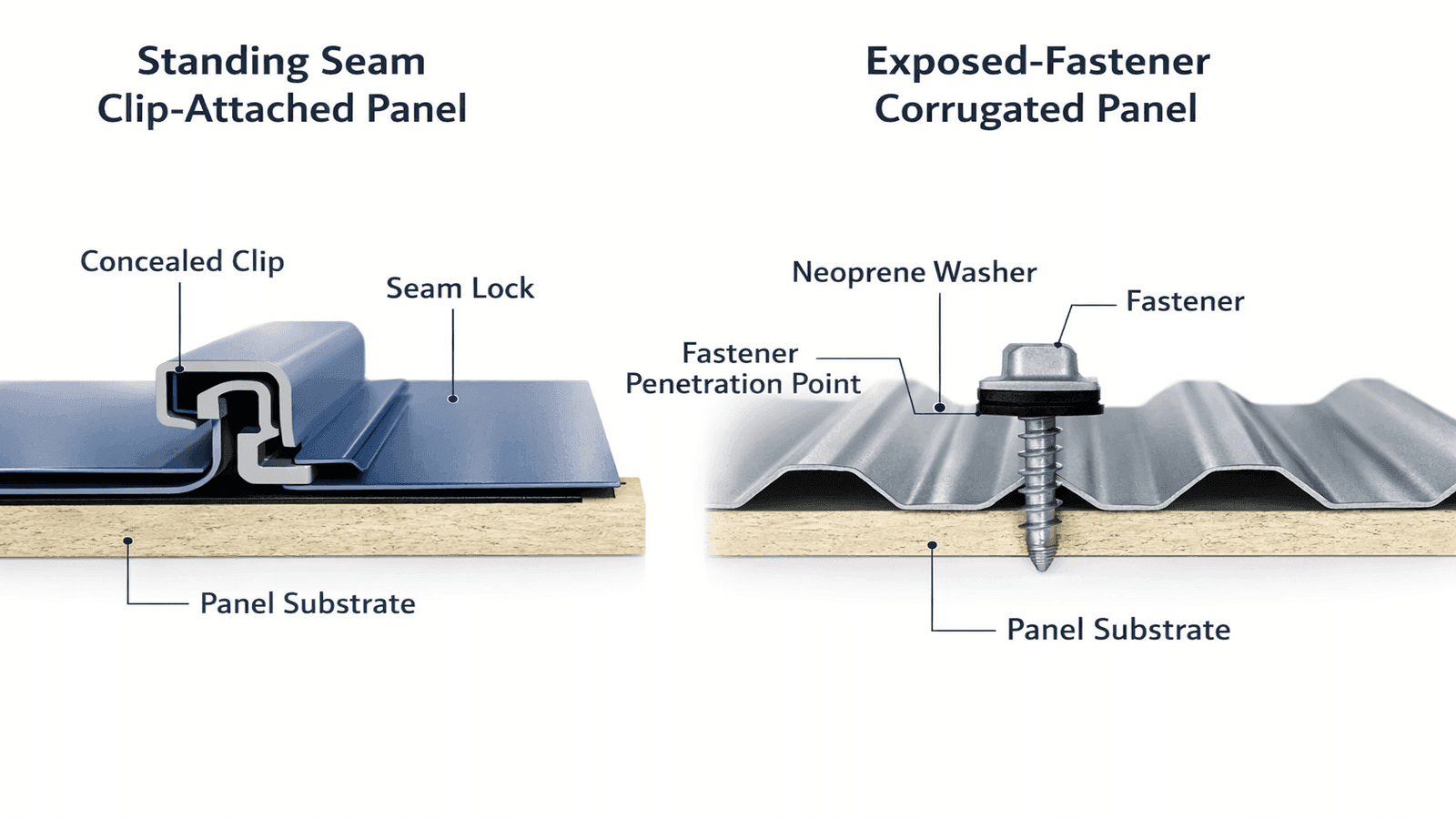 Cross-section diagram comparing standing seam concealed clip panel system versus exposed-fastener corrugated panel with labeled components