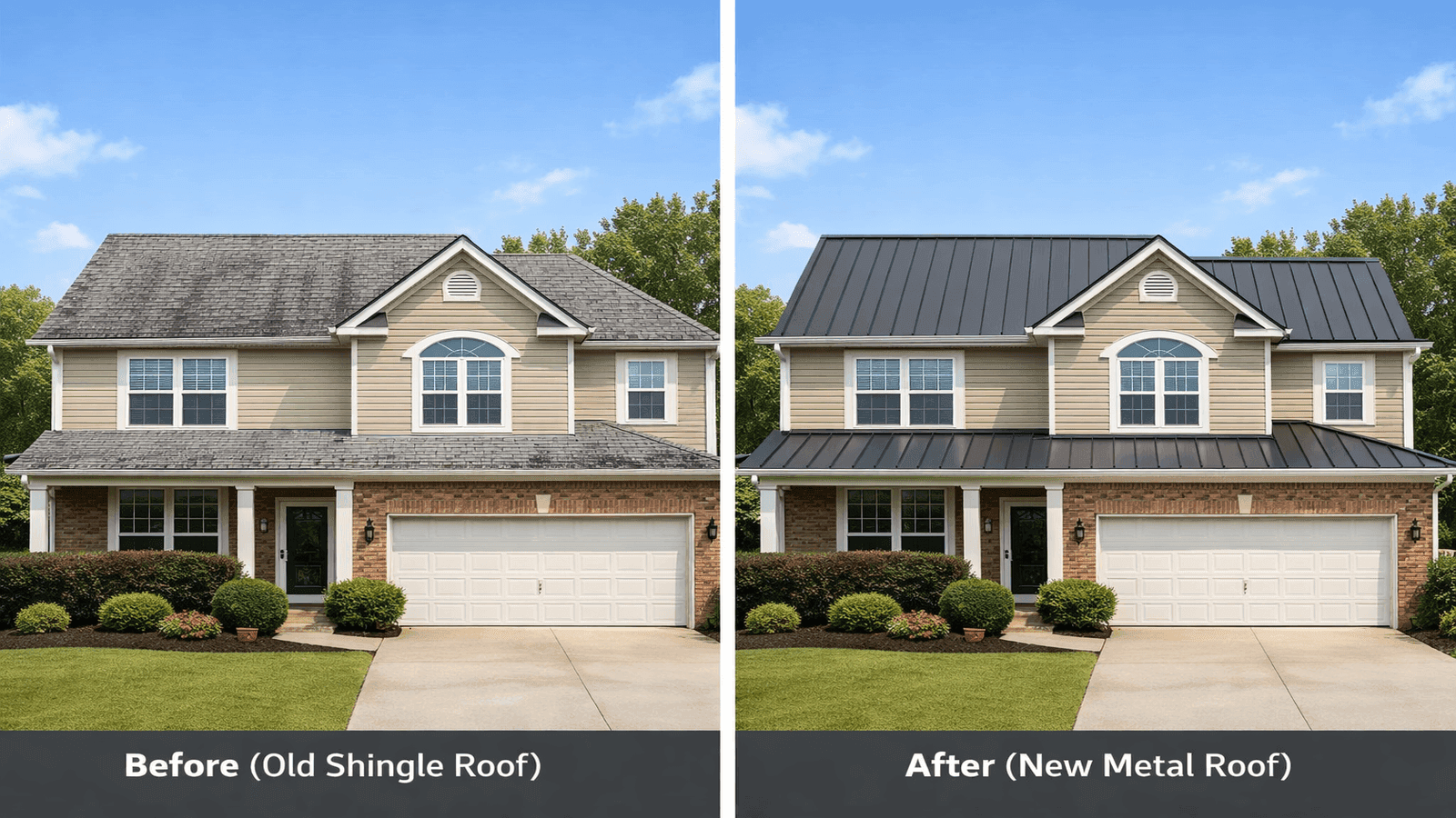 Before and after photos of a two-story Nashville Tennessee home showing worn asphalt shingles replaced with charcoal gray 26-gauge standing seam metal roofing