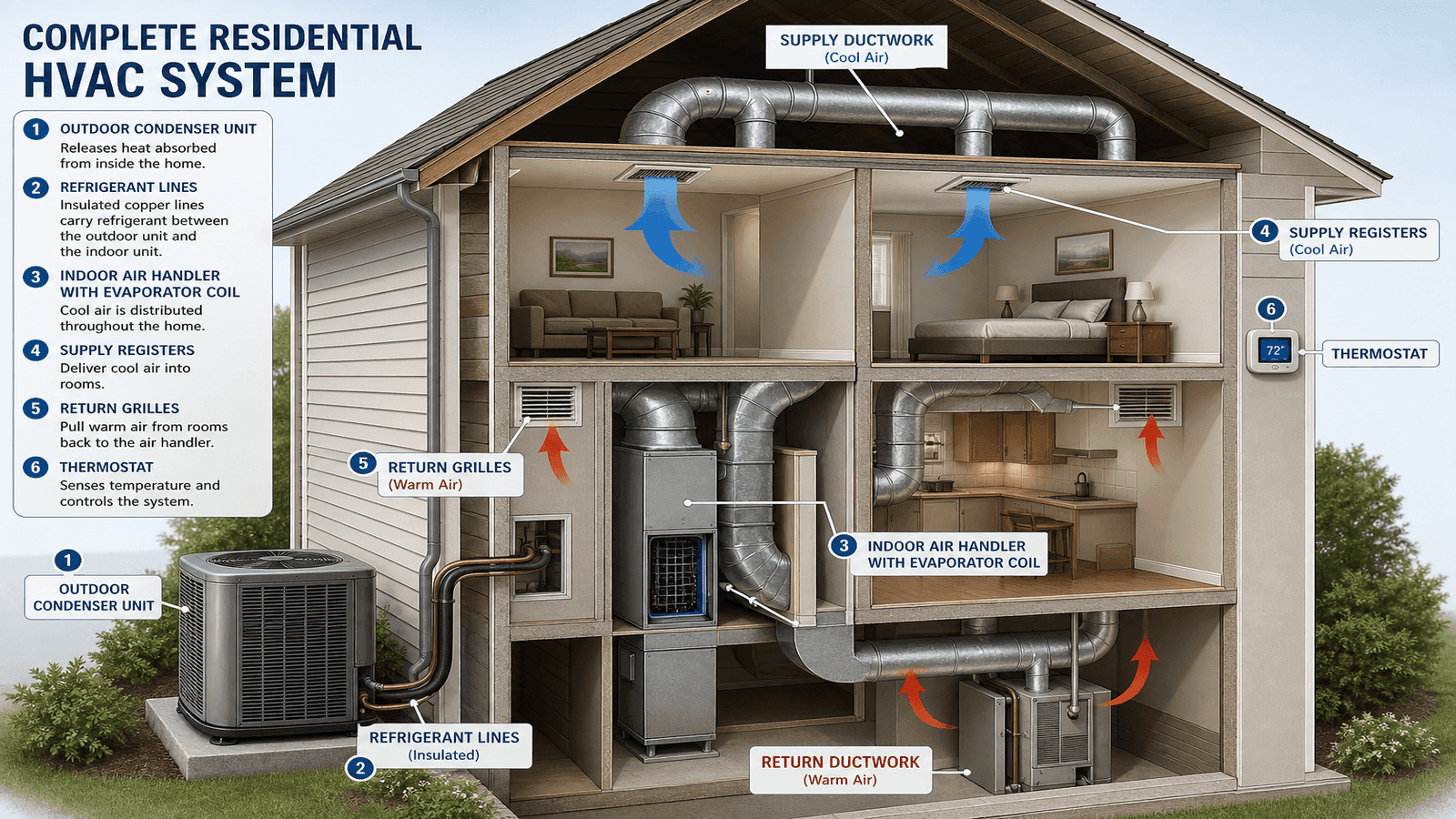 Overview of modern HVAC systems in residential home showing indoor and outdoor units