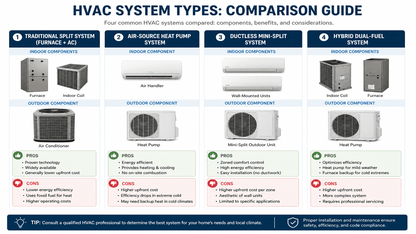 Comparison diagram of different HVAC system types including split system, heat pump, and mini-split