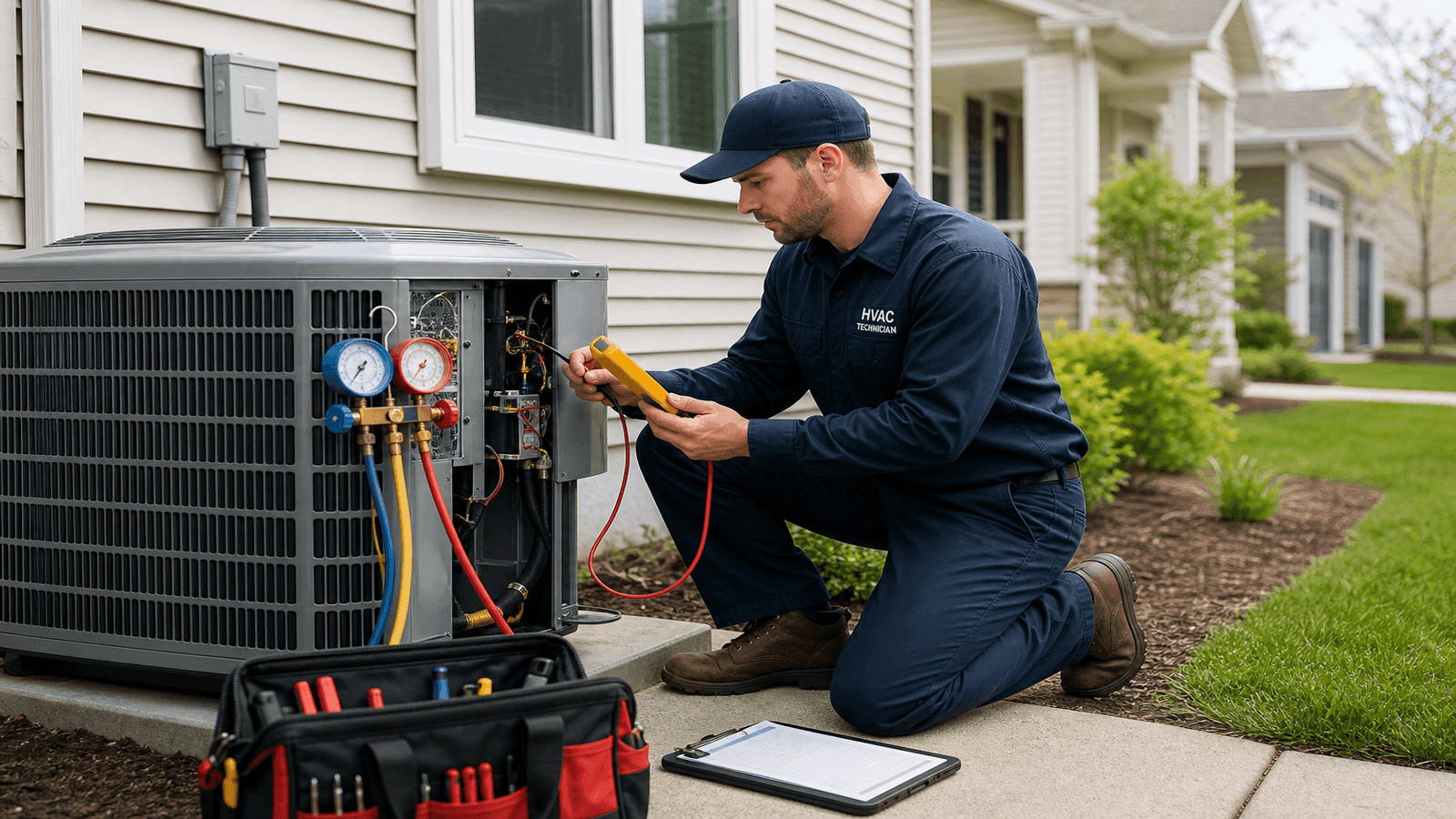 Technician performing maintenance on residential HVAC outdoor unit