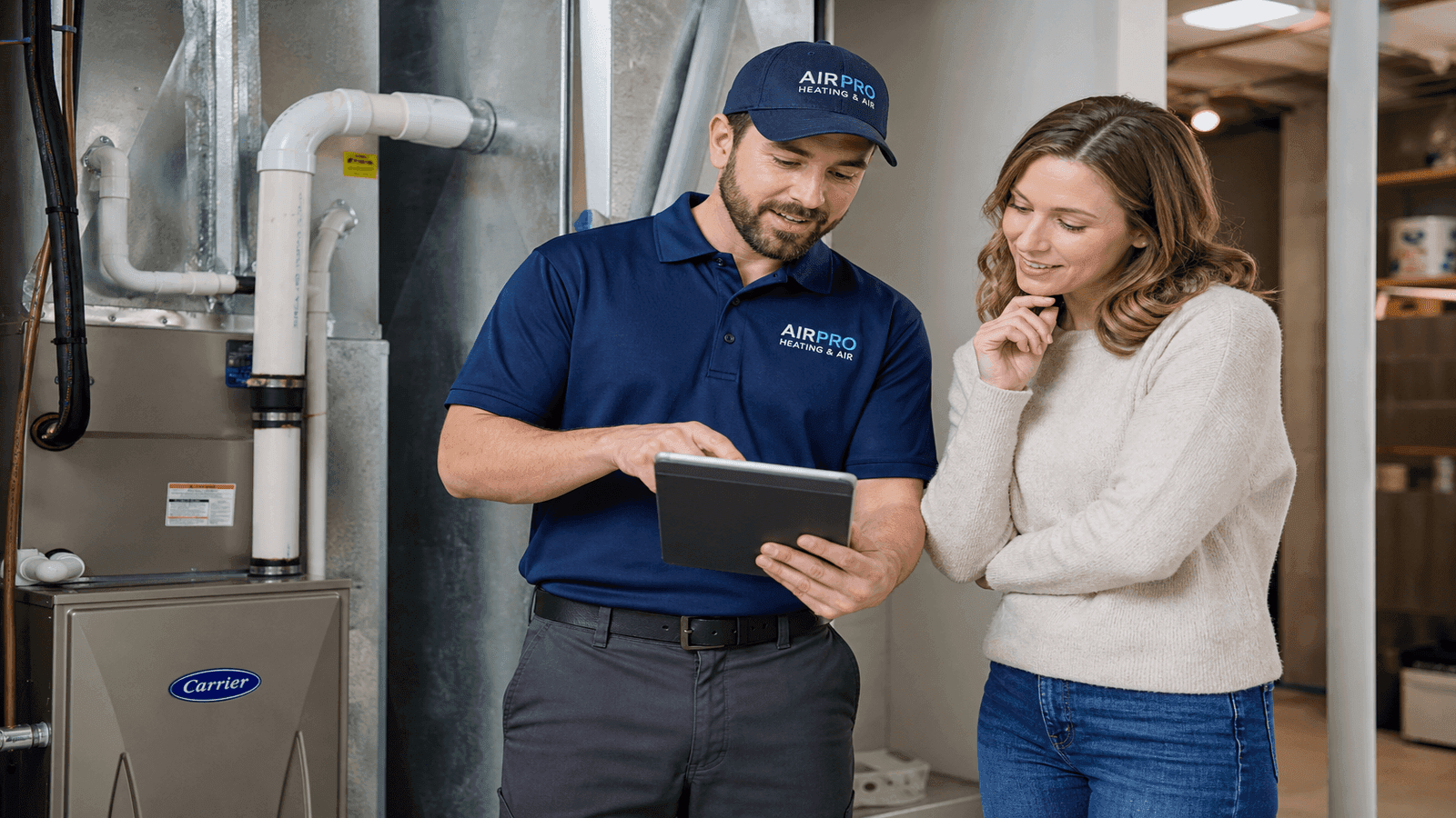 HVAC technician consulting with homeowner about system options