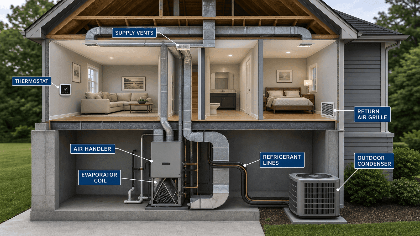 Cutaway illustration of a residential HVAC system showing indoor and outdoor units connected by refrigerant lines