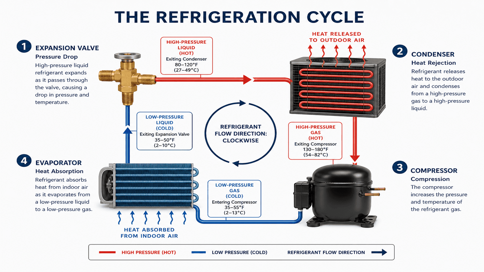 Diagram of the refrigeration cycle showing compressor, condenser, expansion valve, and evaporator with refrigerant flow direction