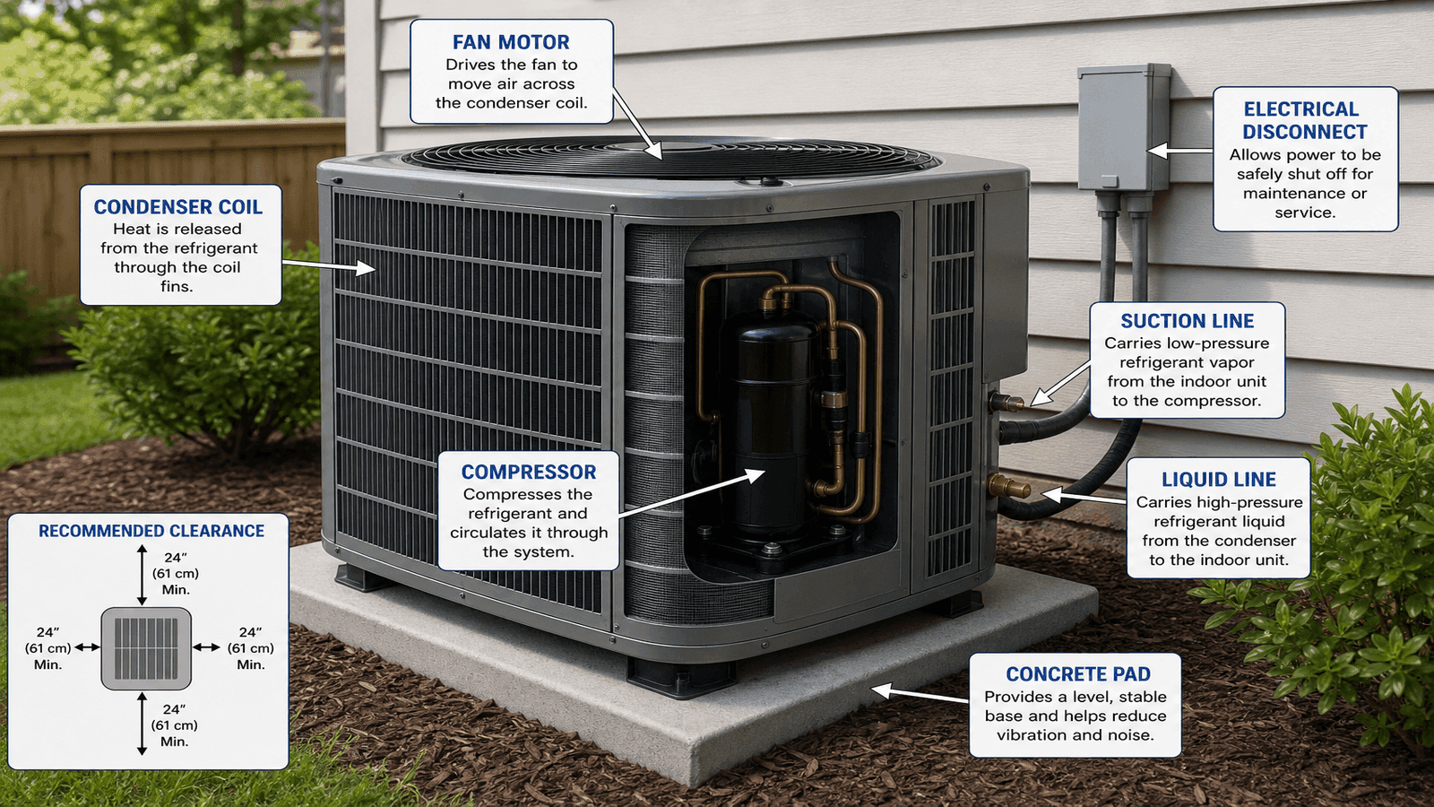 Residential air conditioner outdoor unit with labeled components including compressor, condenser coil, and fan