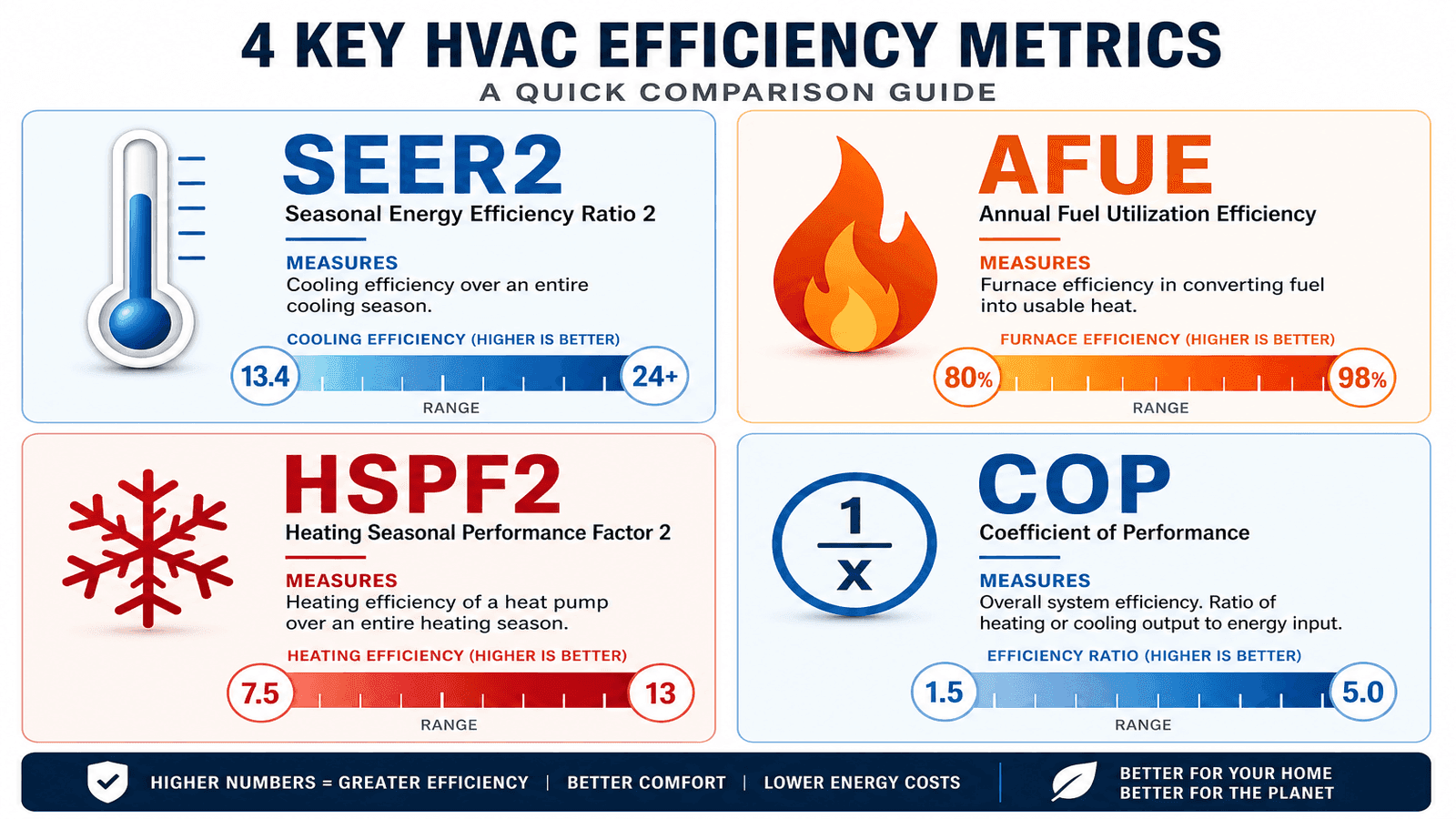 Infographic comparing SEER2, AFUE, HSPF2, and COP efficiency ratings with visual scales