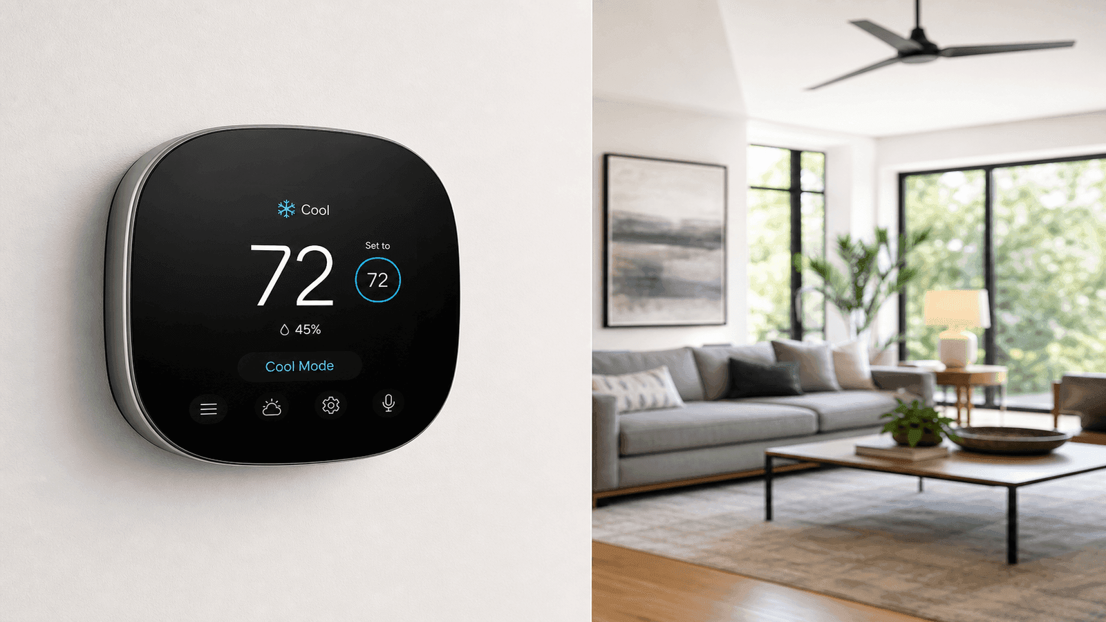 Smart thermostat mounted on a living room wall displaying temperature and HVAC system status