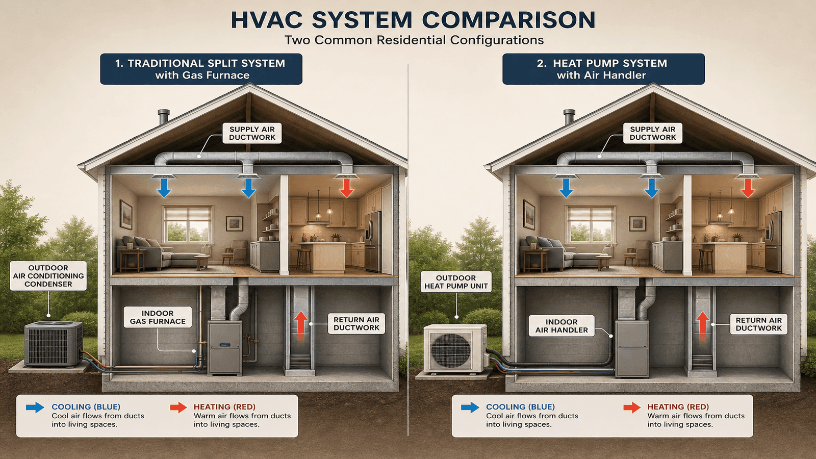 Comparison diagram showing a heat pump system versus a traditional furnace plus air conditioner setup in a residential home