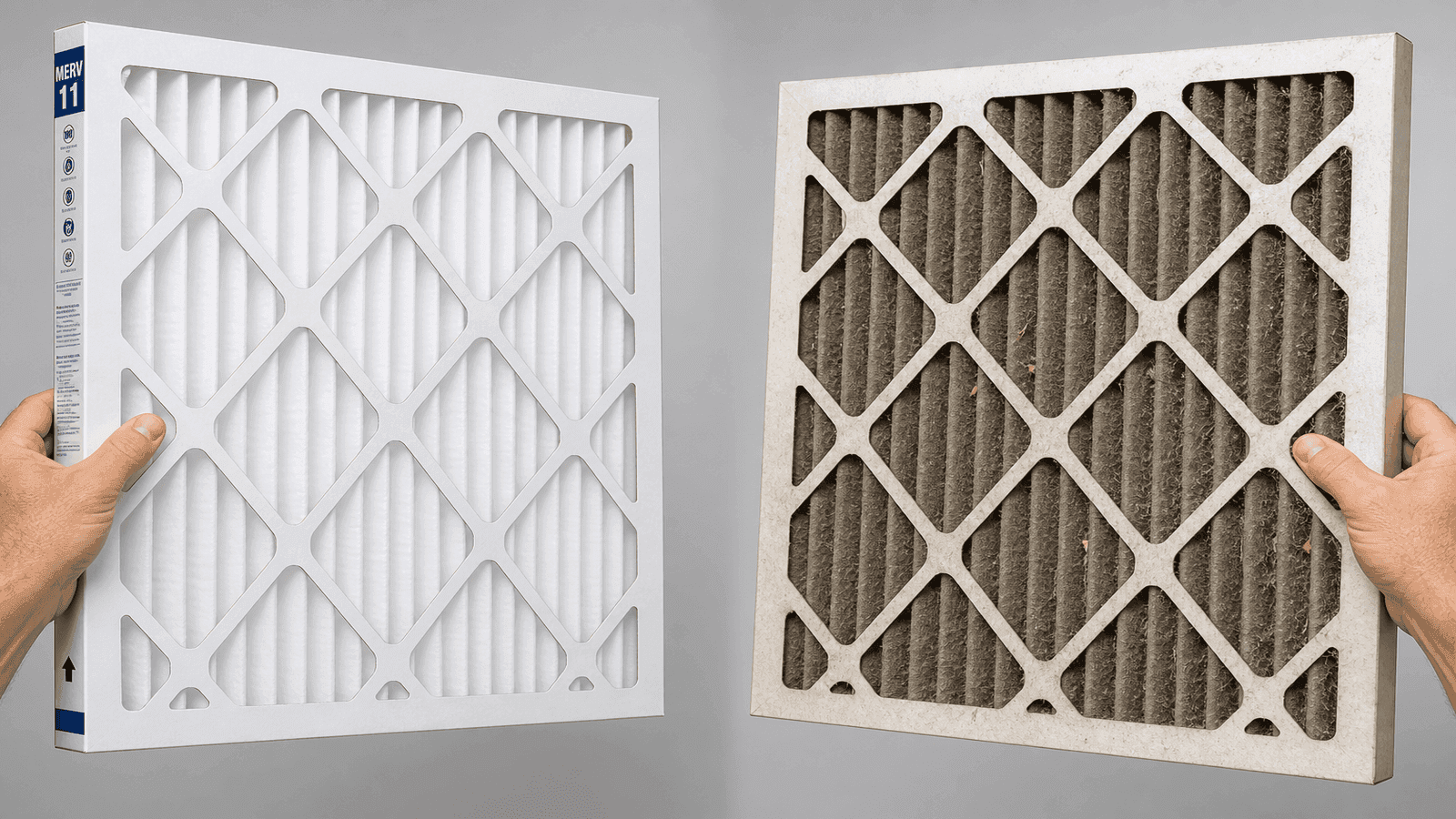 Side-by-side comparison of a clean new white pleated HVAC air filter next to a heavily clogged filter covered in gray-brown dust and pet hair after months of use showing why regular replacement is essential.